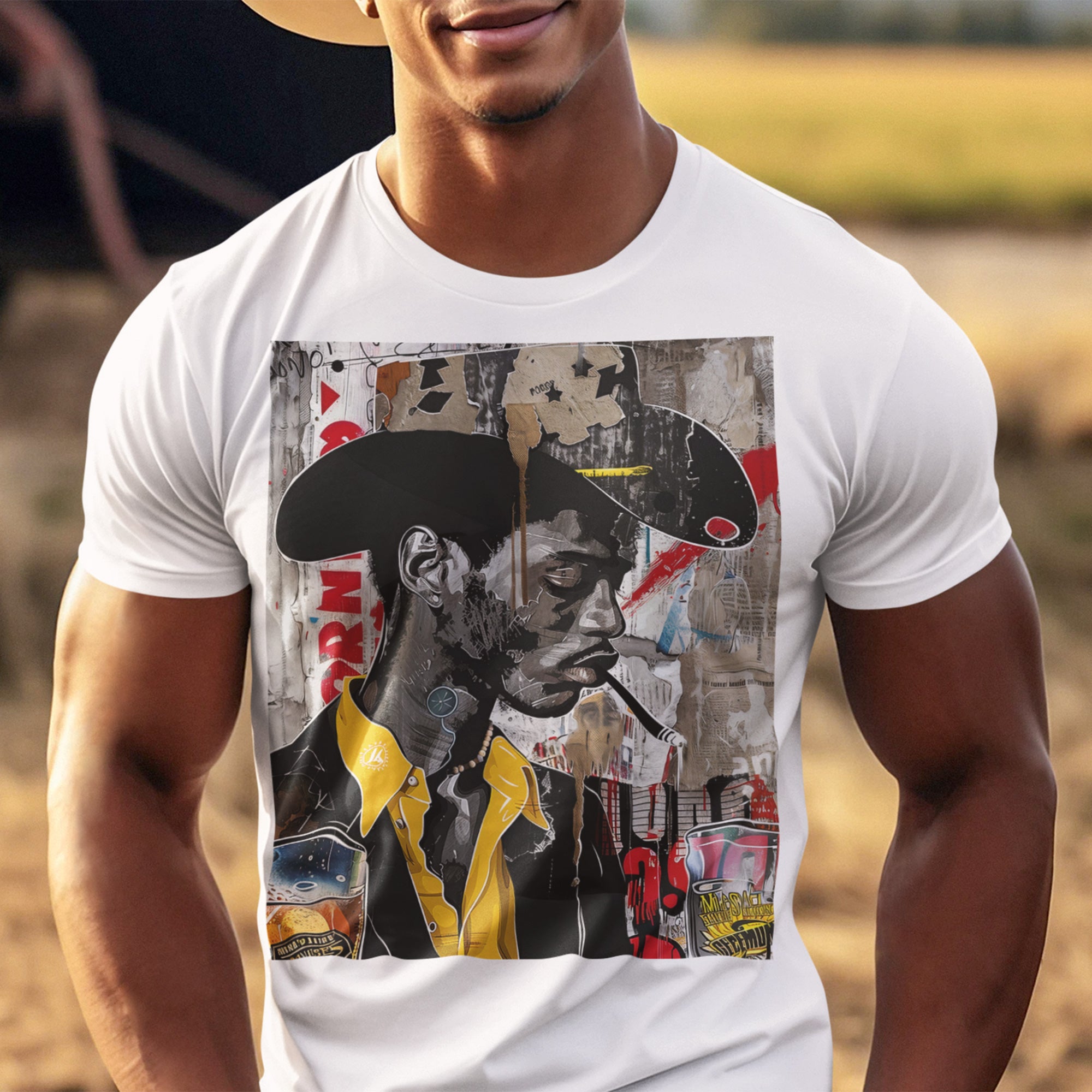Western Rugged Black Cowboy Tee featuring an edgy African American man with a cigar and whiskey. A bold Afrocentric culture shirt with pop art, graffiti, and collage-inspired design.