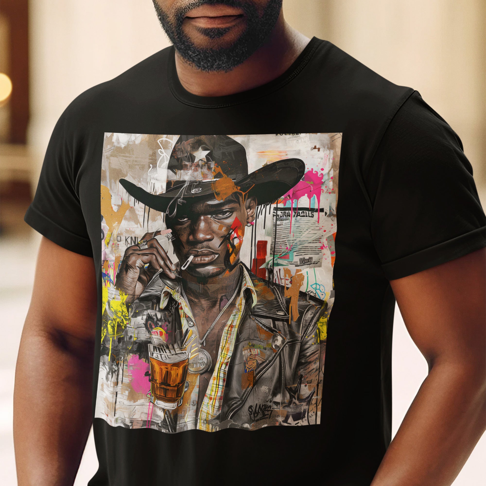 Black Cowboy Tee featuring an edgy African American cowboy with a challenging gaze, smoking a cigarette and drinking whiskey. A pop art, graffiti-inspired collage blending Western grit with urban street style.