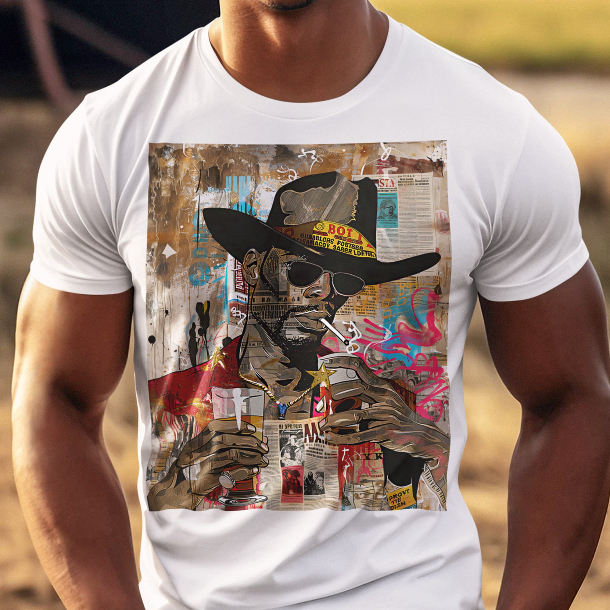 Urban Black Cowboy Tee featuring a graffiti collage design of an African American cowboy wearing dark sunglasses, smoking a cigarette, and holding a neat whiskey. A bold, edgy Afrocentric pop art-style shirt celebrating Black culture.