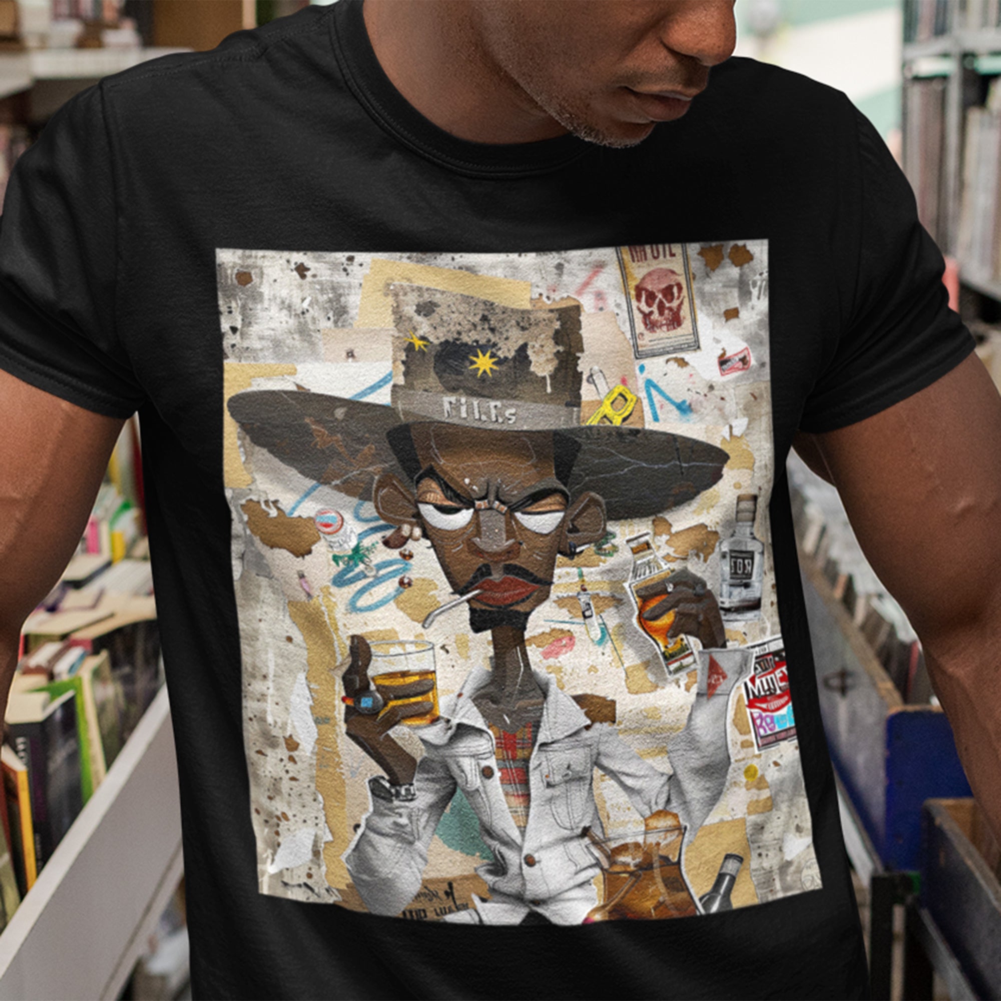 Cowboy Tee featuring a cartoon-style African American cowboy smoking a cigarette and drinking whiskey. A bold, graffiti collage pop art design with an edgy Western and Afrocentric cultural vibe.