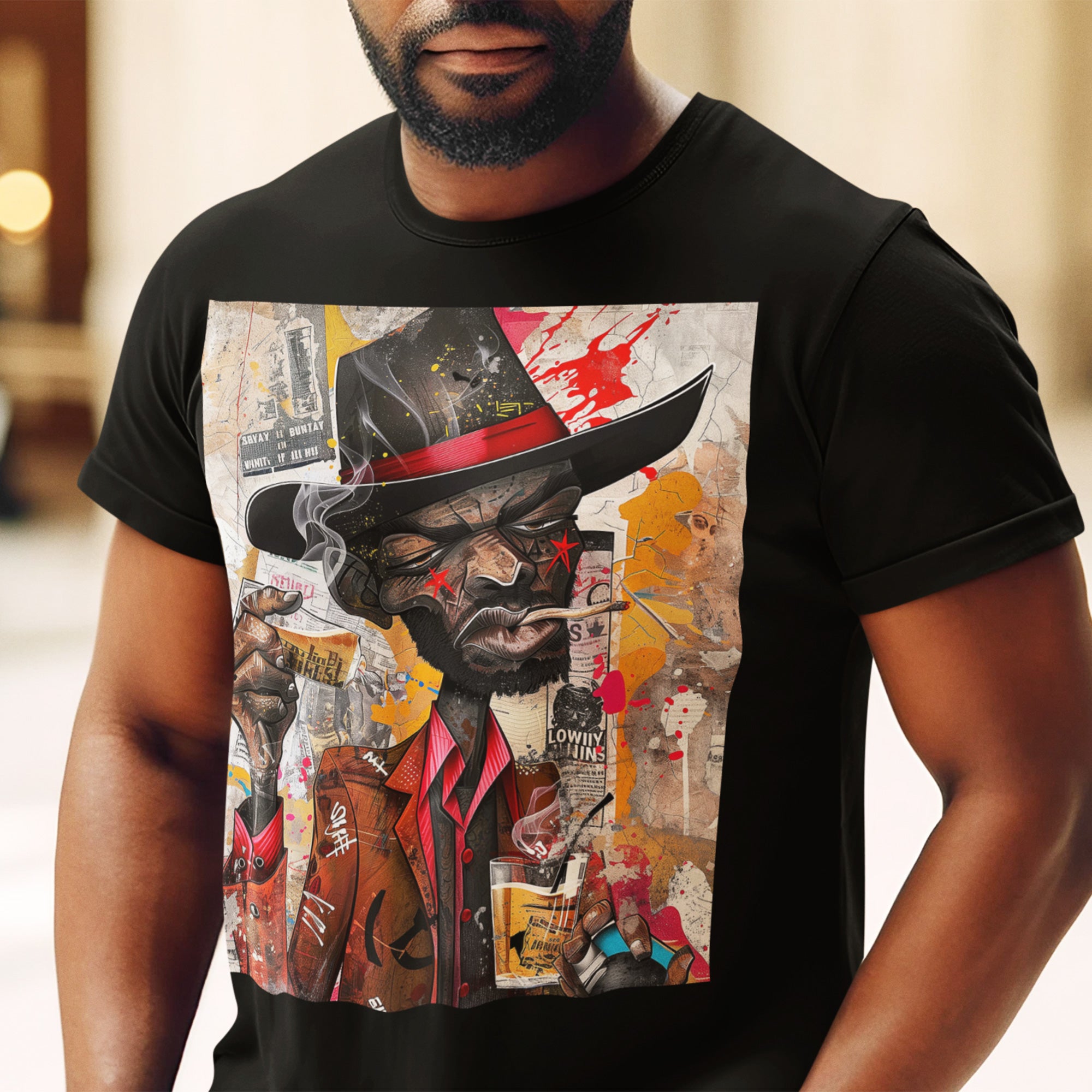 Gangster Black Cowboy Tee featuring a cartoon-style African American cowboy in a graffiti collage design. A bold, edgy Afrocentric pop art-style shirt blending Western and urban street culture.