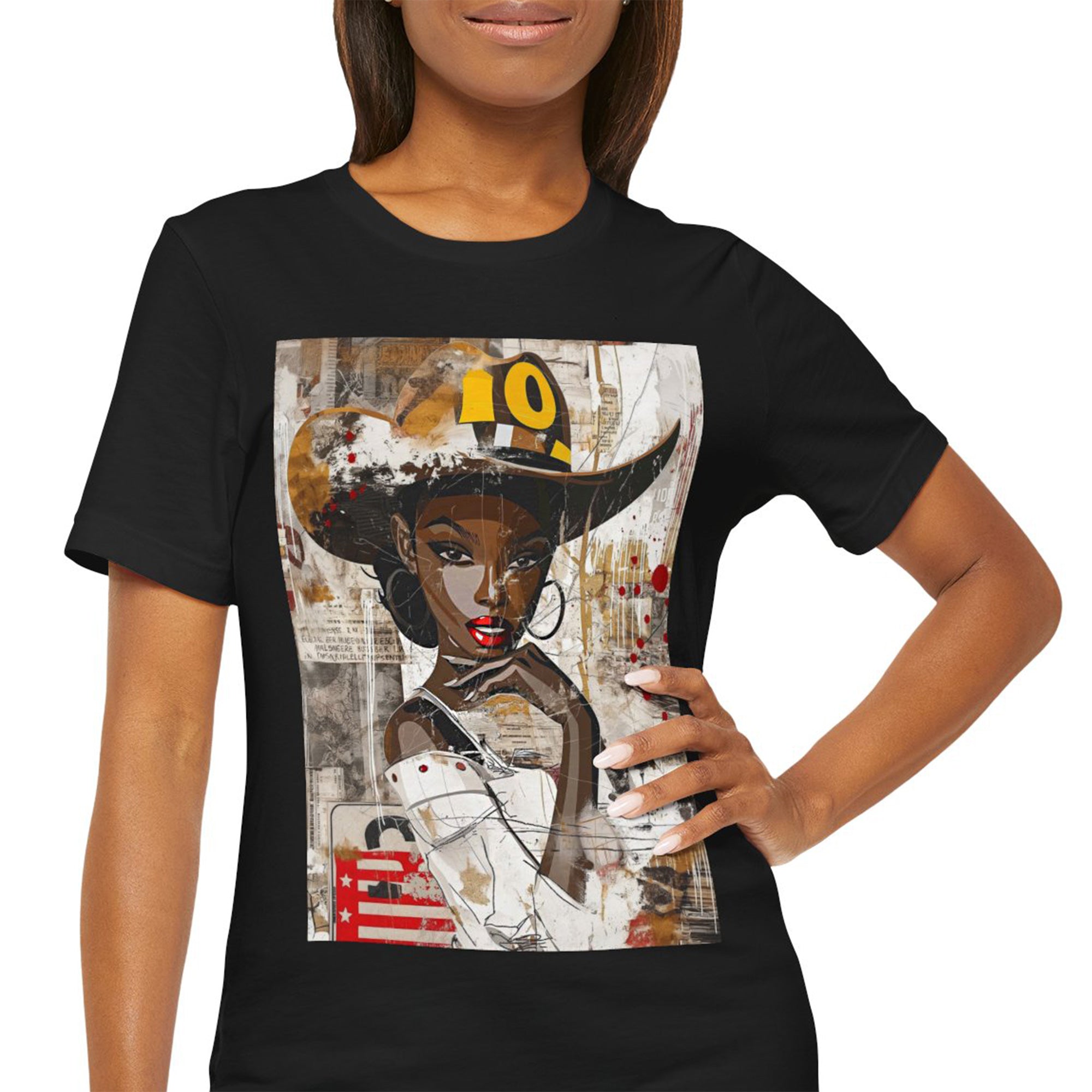 Black Cowgirl Tee featuring a cartoon-style brown skin girl in a graffiti-inspired pop art design. An edgy Afrocentric Western shirt celebrating African American culture and bold streetwear fashion.