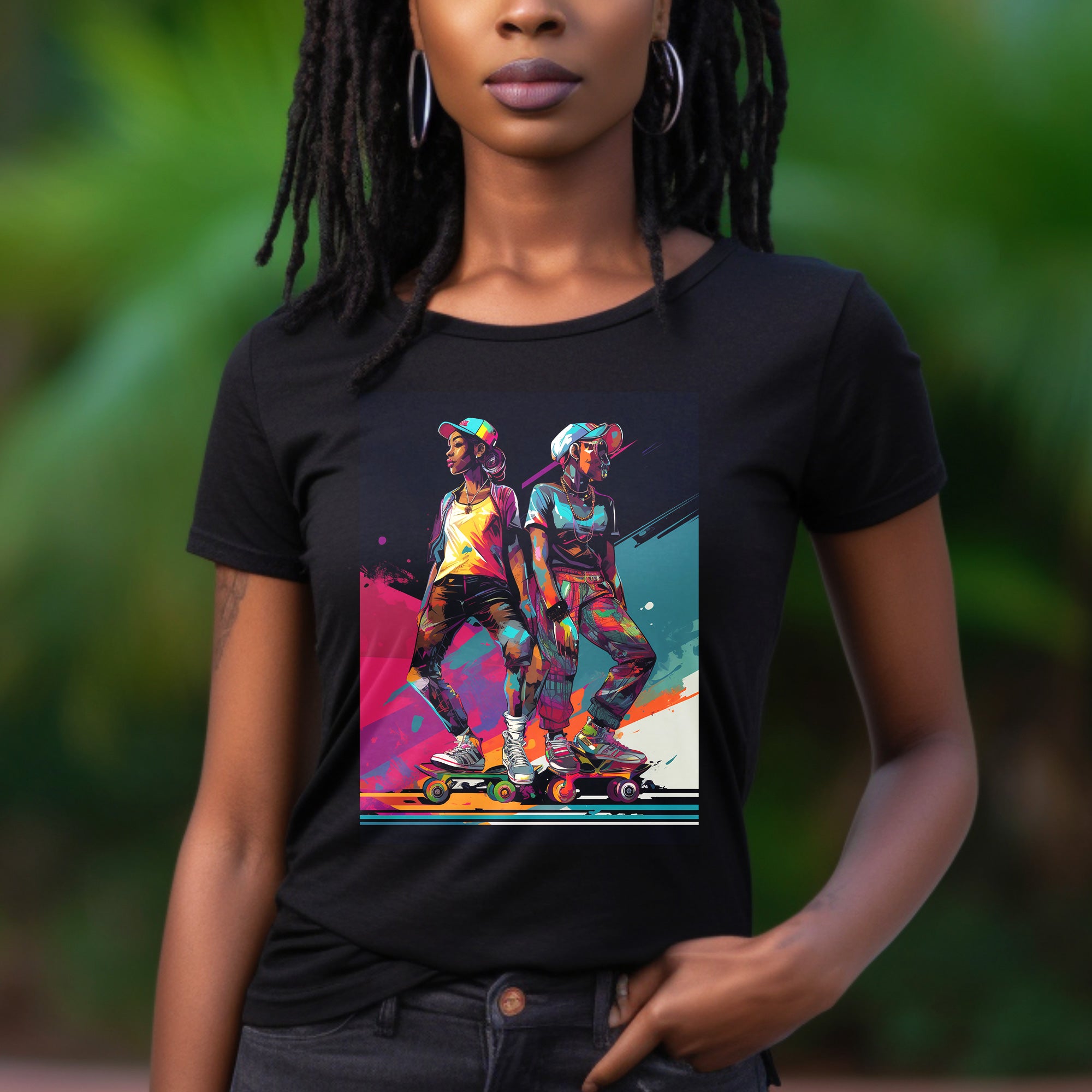 Black Girls Roller Skating Tee featuring stylish Black skaters, celebrating fly girls, Afrocentric culture, and Black-owned roller derby teams. Perfect for Black teens and roller-skating enthusiasts.