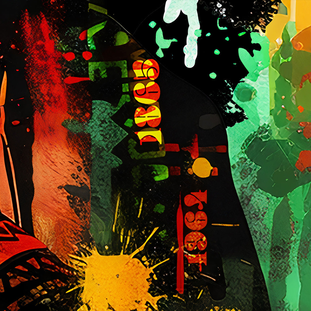 Close up view of this abstract art tee shirt showing the 1865 and 1964 dates in African American history.