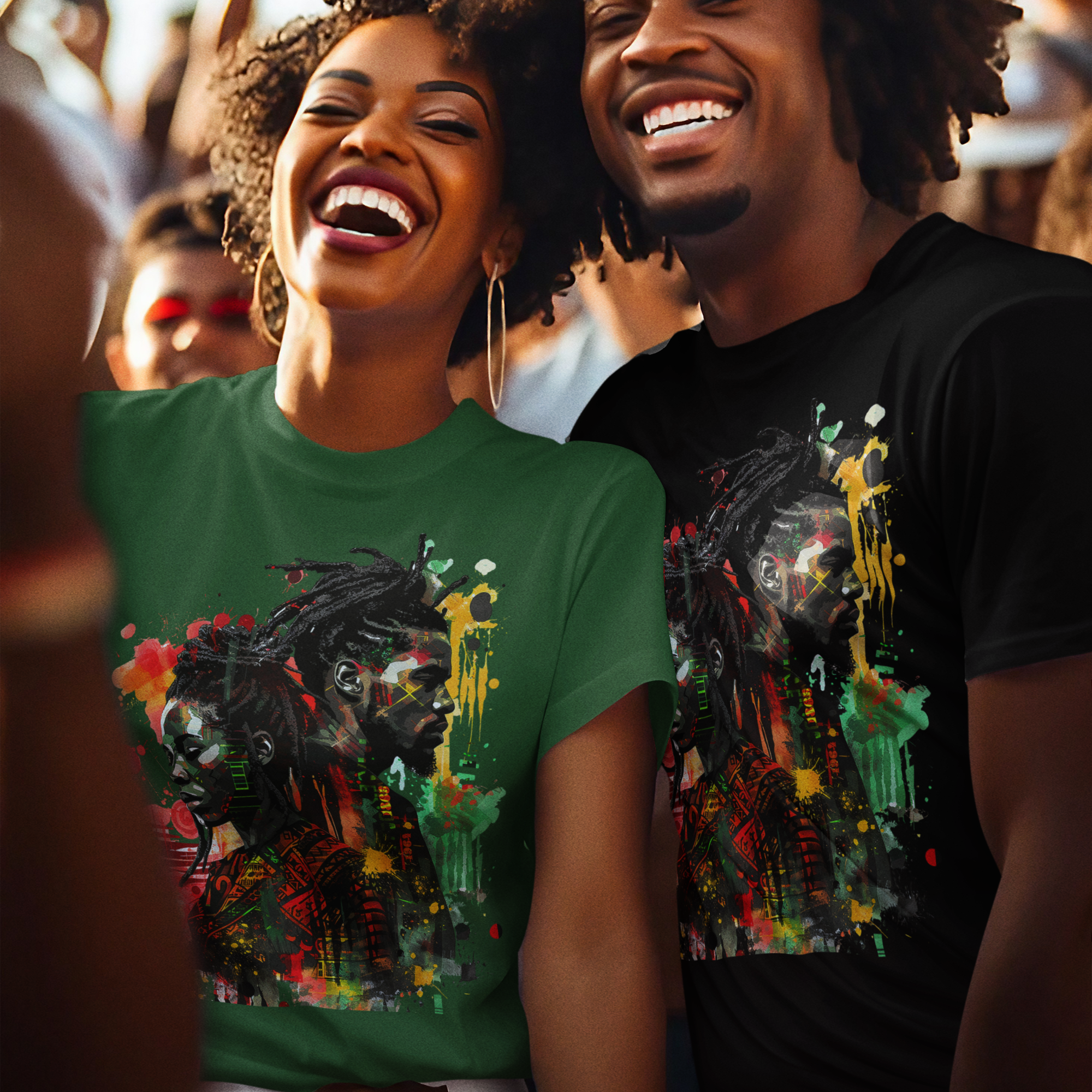 This abstract art tee shirt features a black man and women in the red, green, black and gold, the colors of the Pan-African map with a splash of yellow. This shirt is designed to honor two important dates in African American history, 1865 and 1964.