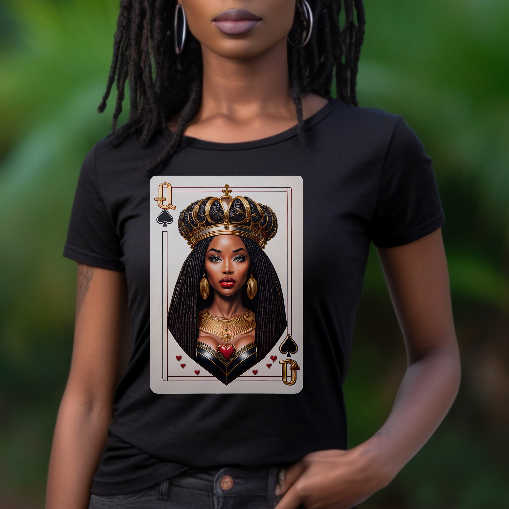 Black Queen of Spades Tee Shirt featuring an illustrated African American woman with an afro and gold crown, styled as the Queen of Spades playing card. Afrocentric vintage-inspired streetwear design in bold red, gold, and black colors.