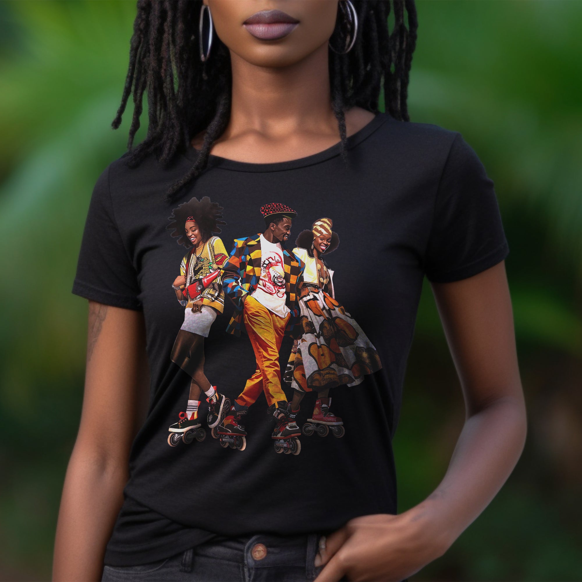 Black Roller Skaters Hip Hop Tee Shirt featuring a stylish Black man and women roller skating in vibrant Afrocentric streetwear; adult unisex top celebrating Black culture, retro skating vibes, and urban fashion.