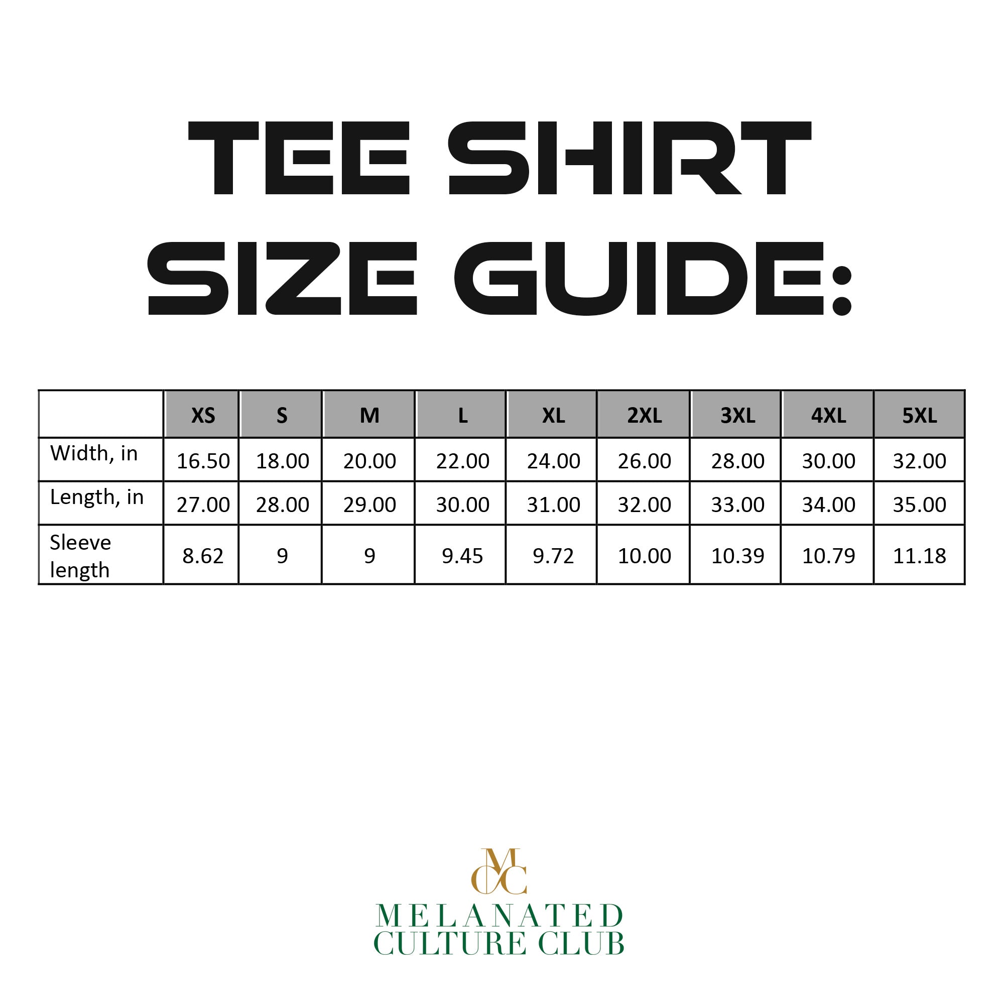 Tee Shirt Size Guide.