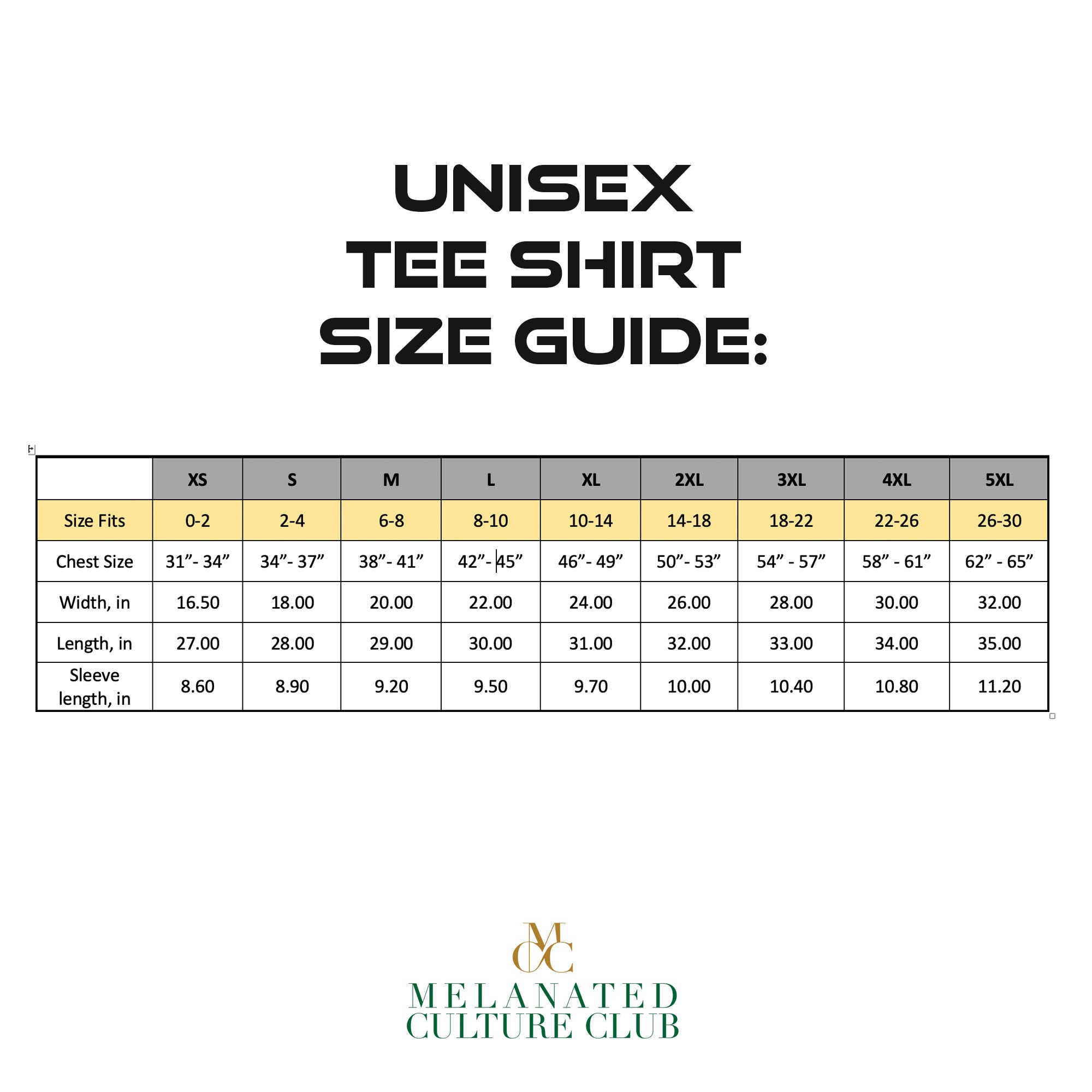 Unisex t-shirt size guide with measurements on a white background, featuring the Melanated Culture Club logo.