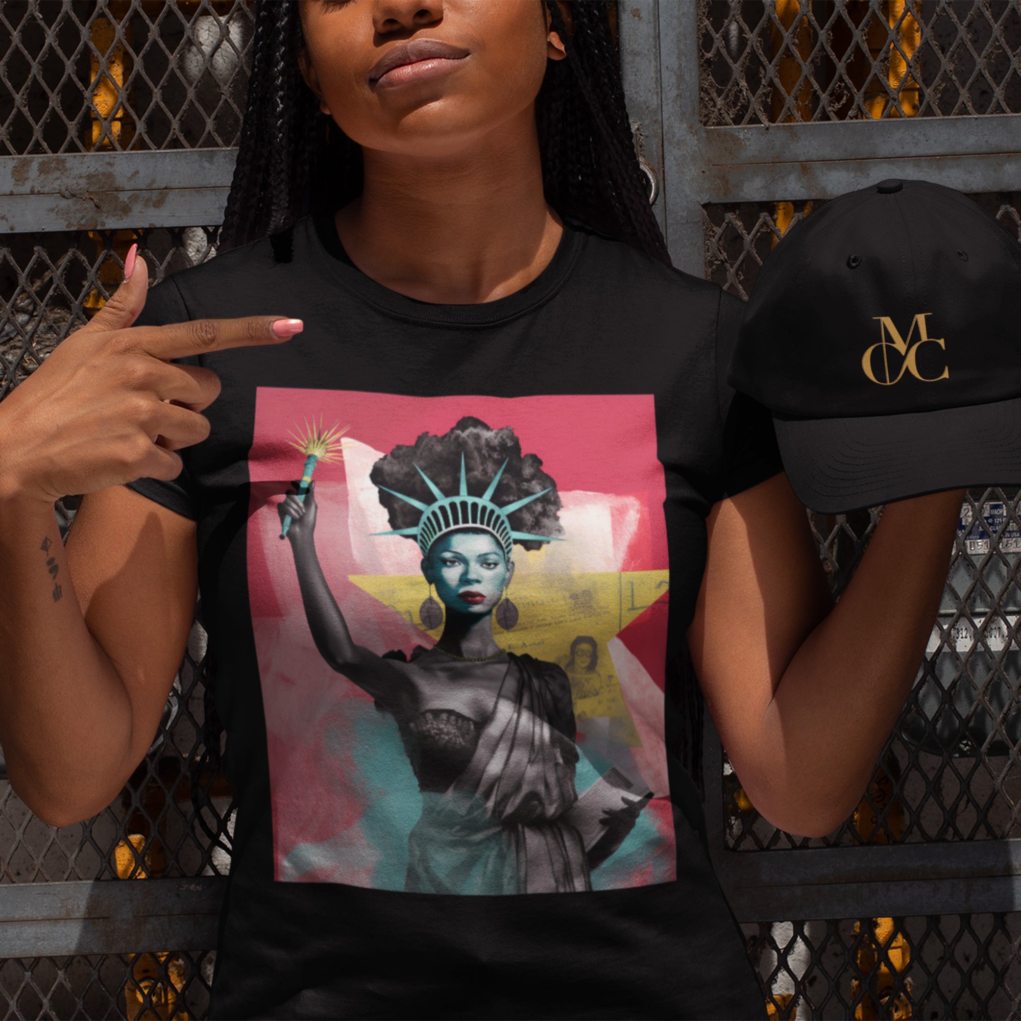 Woman Statue of Liberty Tee featuring an abstract African American reinterpretation of the iconic New York City monument. A powerful symbol of freedom, empowerment, and cultural pride.