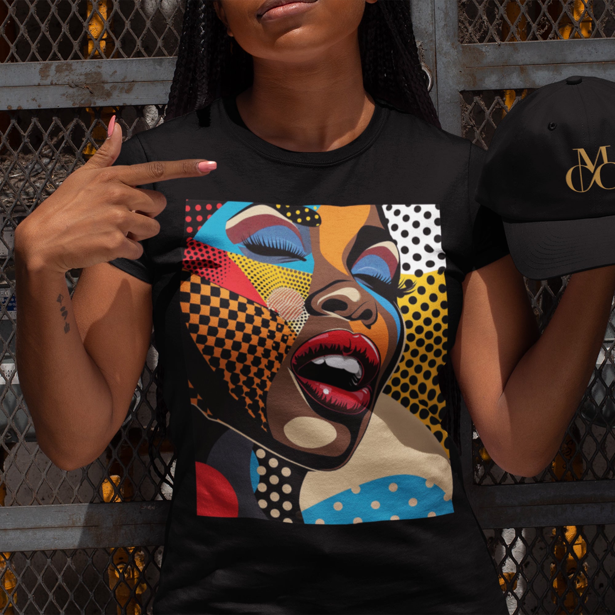 Beautiful Black Girl Pop Art Tee featuring a comic book-style illustration of an African American woman with closed eyes and bold red lips singing. Designed in bright, vivid colors with Afrocentric flair and Pop Art movement aesthetics.