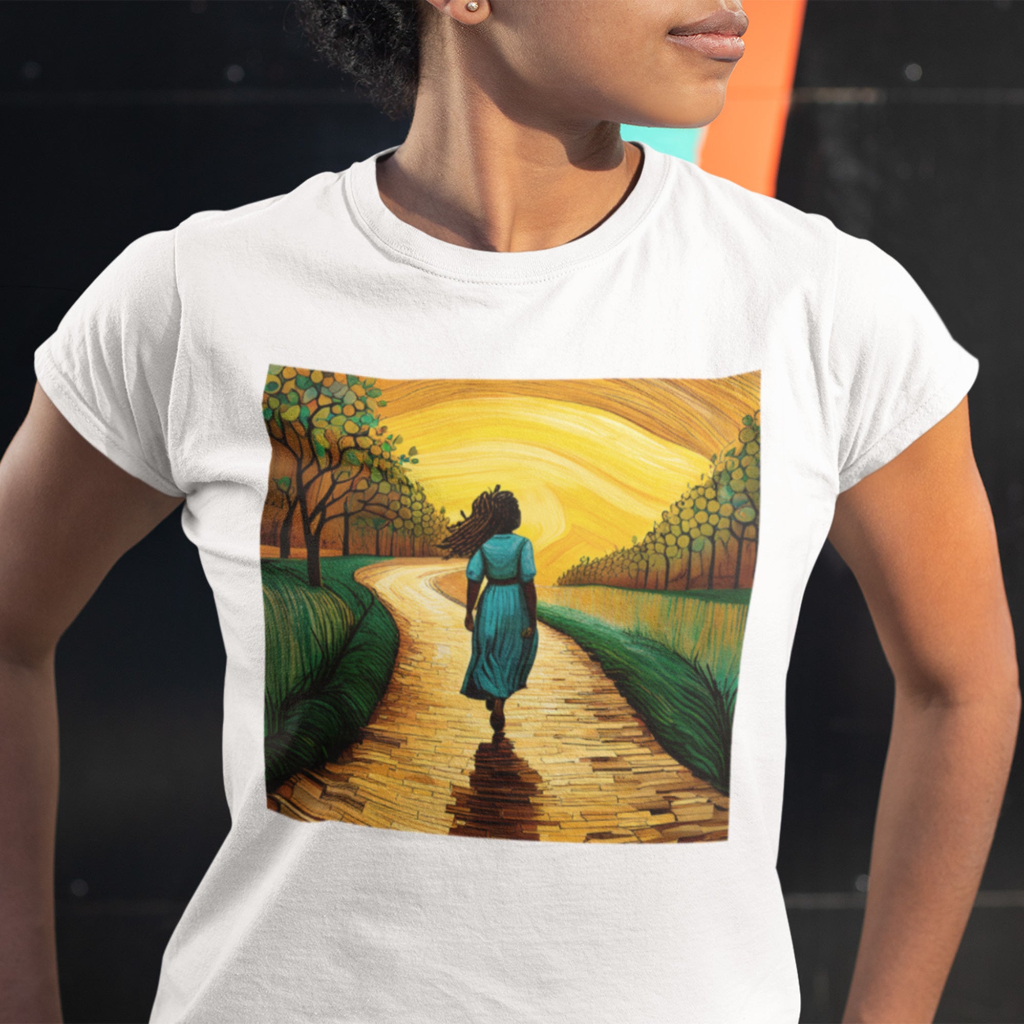 Follow the Yellow Brick Road Tee Afro Woman Tshirt in white.