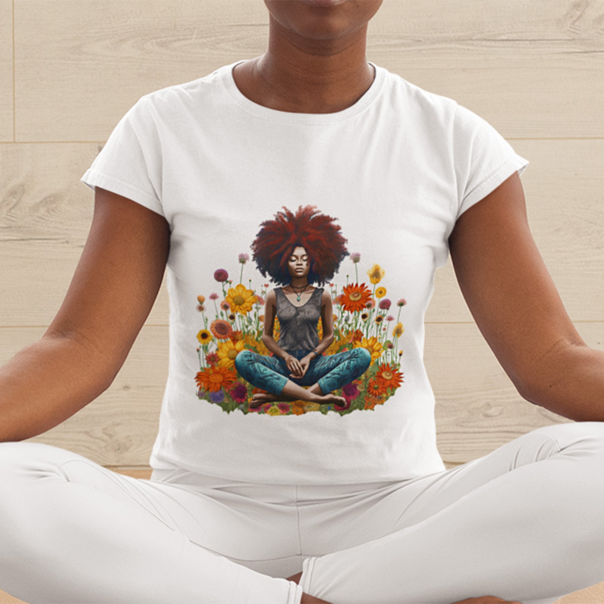 This Black Woman Tee Shirt features a beautiful black woman in a yoga meditation pose in white.