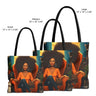 Cat Lady Tote Bag featuring a stylish African American woman with a large Afro, embracing her feline friends. A chic and functional carryall bag perfect for cat moms, Black culture enthusiasts, and pet lovers.
