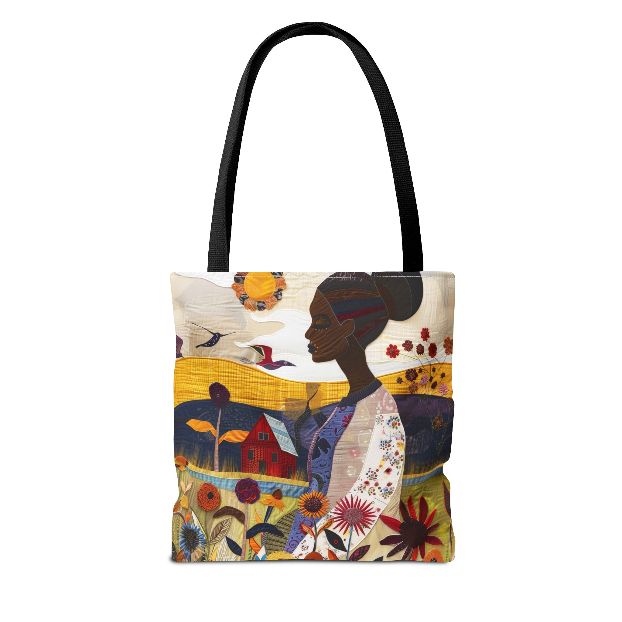 Black Woman Garden Oasis Tote Bag featuring a vibrant floral nature scene with a serene garden landscape. Afrocentric design in a faux quilt style, ideal as a shopping, book, or everyday carry-all bag.