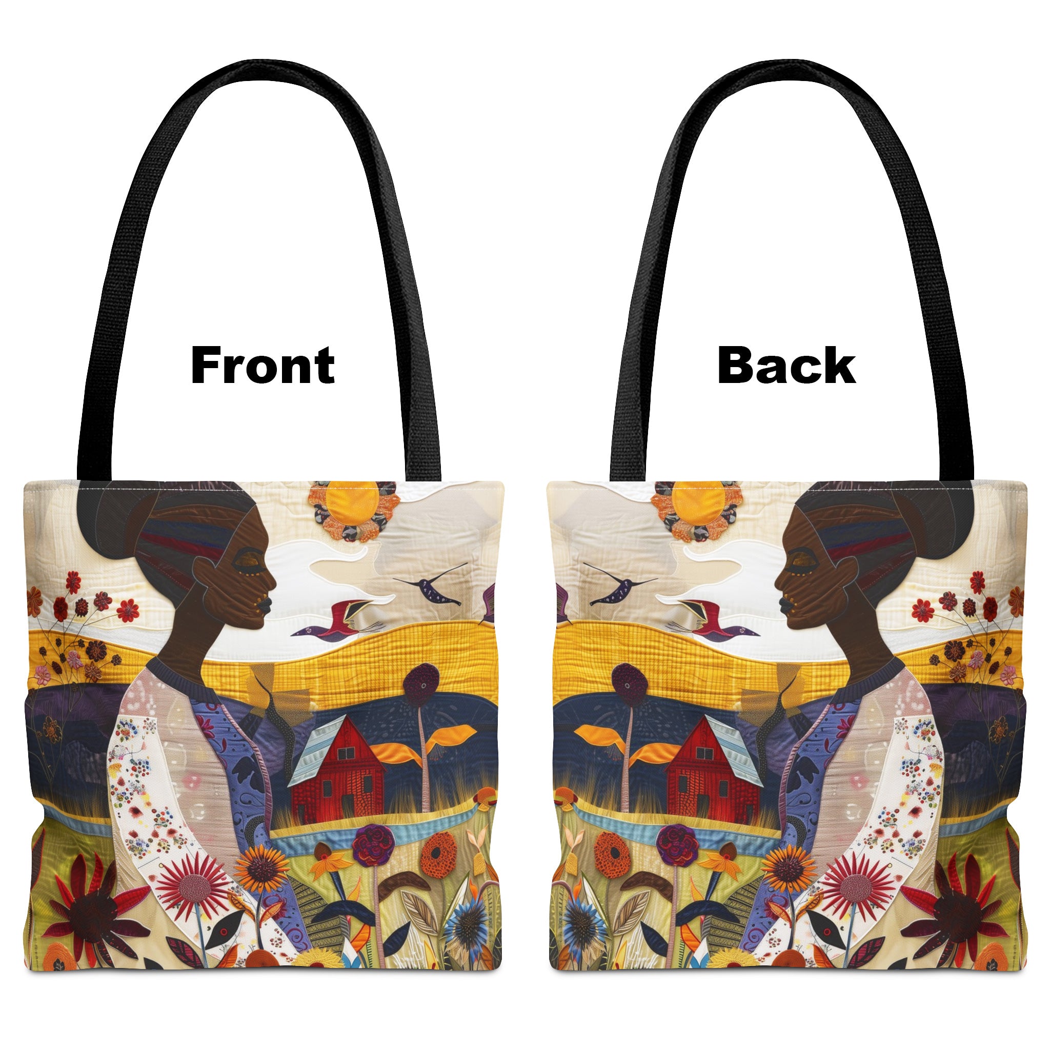 Black Woman Garden Oasis Tote Bag featuring a vibrant floral nature scene with a serene garden landscape. Afrocentric design in a faux quilt style, ideal as a shopping, book, or everyday carry-all bag.