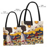 Black Woman Garden Oasis Tote Bag featuring a vibrant floral nature scene with a serene garden landscape. Afrocentric design in a faux quilt style, ideal as a shopping, book, or everyday carry-all bag.