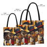 Harlem Fashionistas Tote Bag featuring a Bauhaus-style design of African American ladies and gents from the Harlem Renaissance era. A stylish and functional tote celebrating Black culture, fashion, and history.