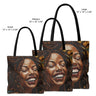 Afro Dreadlocks Black Girl Tote Bag featuring a joyful African American woman with natural Afro hair. A stylish and empowering tote celebrating Black Girl Magic, self-love, and cultural pride.