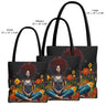 Find balance with the Black Woman Yoga Pose Tote Bag, featuring an African American woman practicing yoga in a wildflower field. A perfect carryall for yogis, wellness lovers, and self-care enthusiasts.
