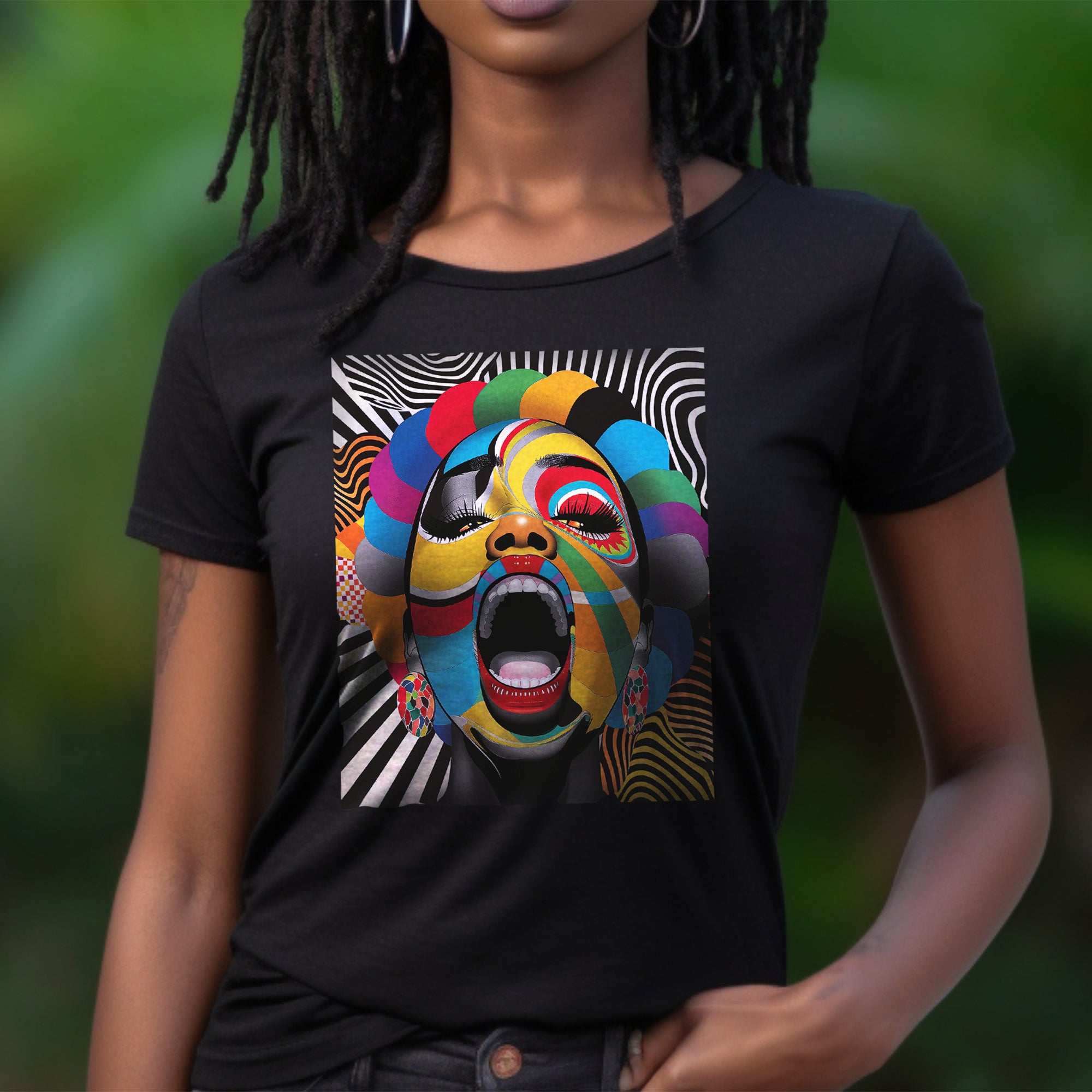 Black woman pop art tee, Afrocentric graphic shirt, scream comic tee, retro 70s psychedelic top, Black streetwear fashion, Afro pop culture shirt, vibrant Black woman art tee, halftone retro t-shirt, Afro art clothing, bold comic style tee