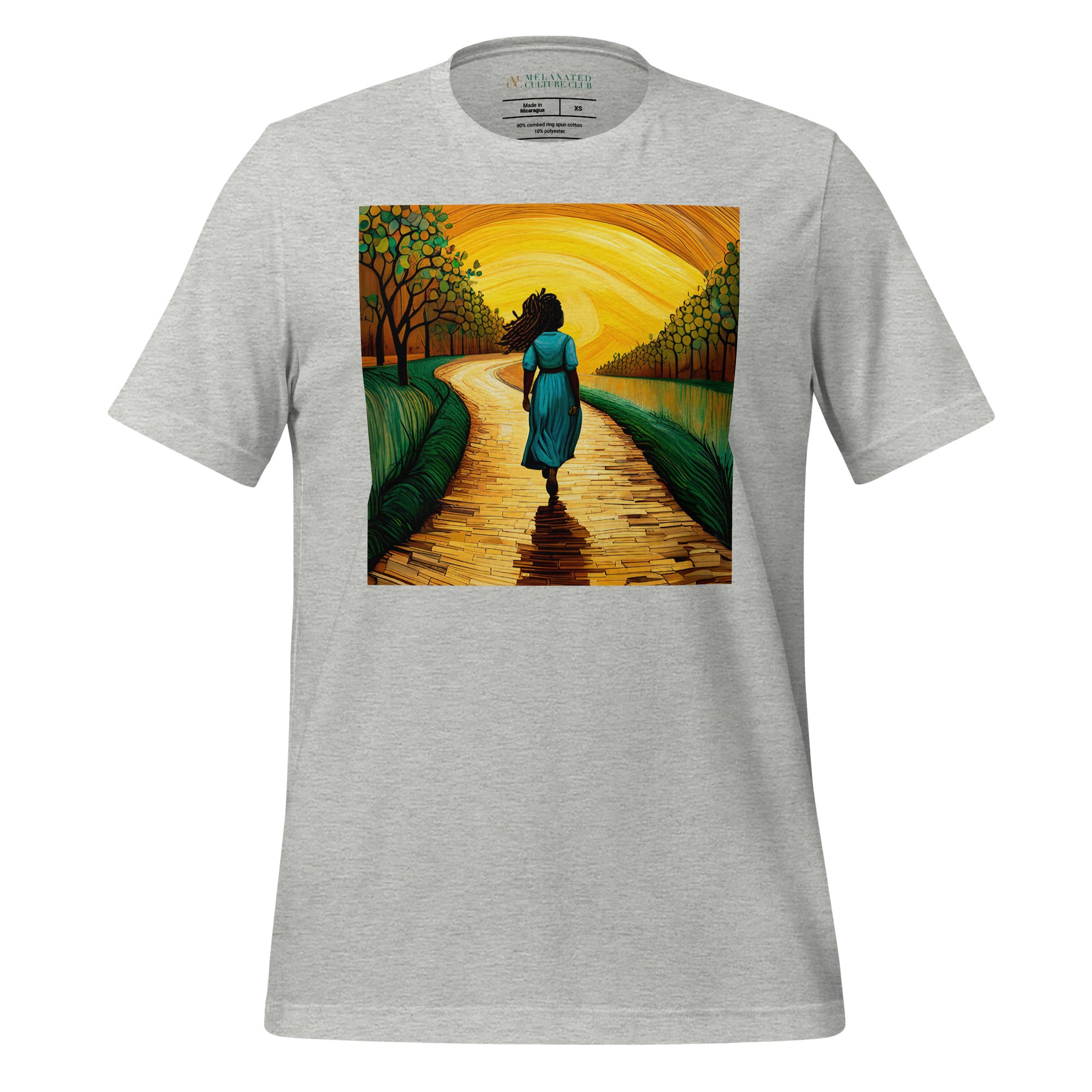 Follow the Yellow Brick Road Tee Afro Woman Tshirt in athletic heather.