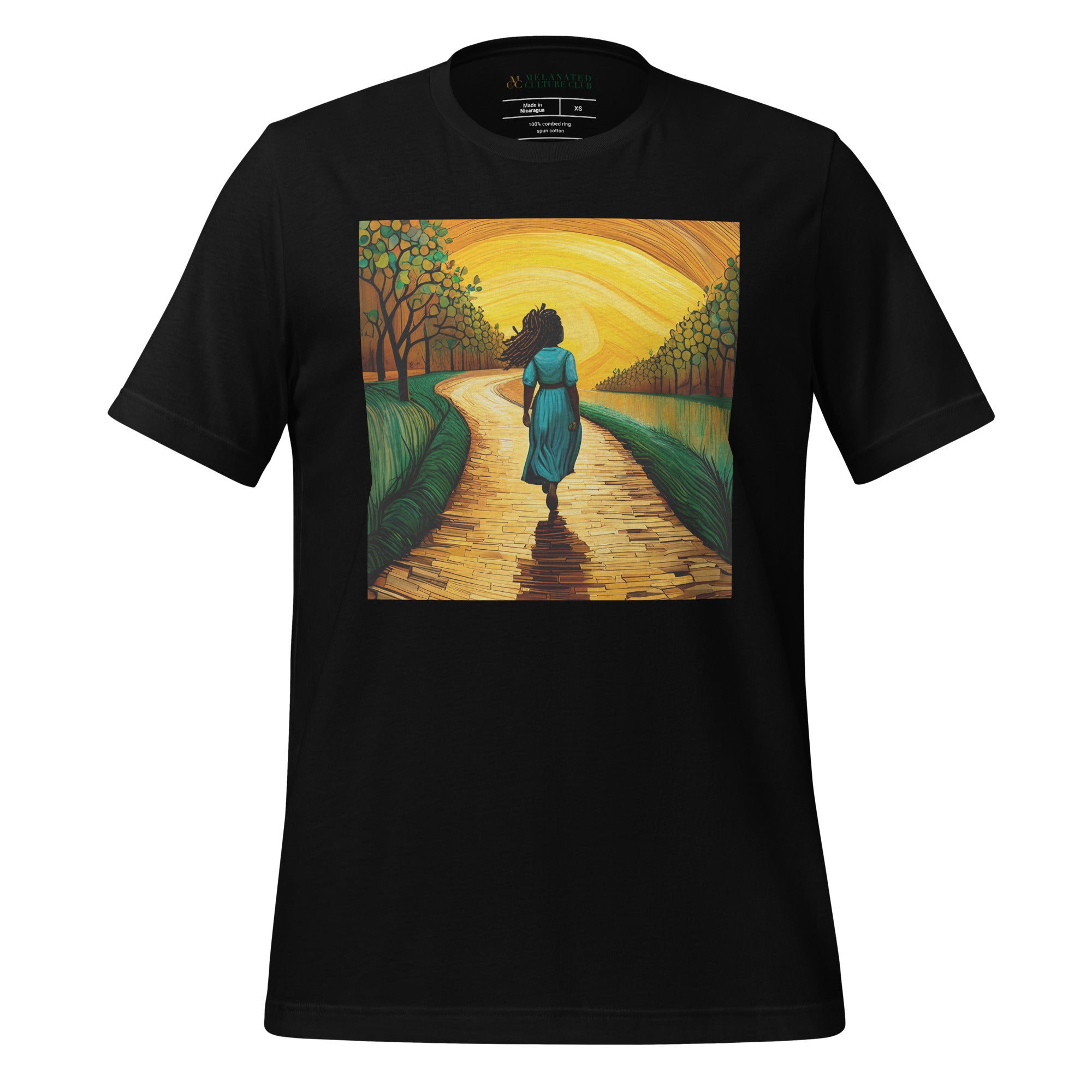 Follow the Yellow Brick Road Tee Afro Woman Tshirt in black.