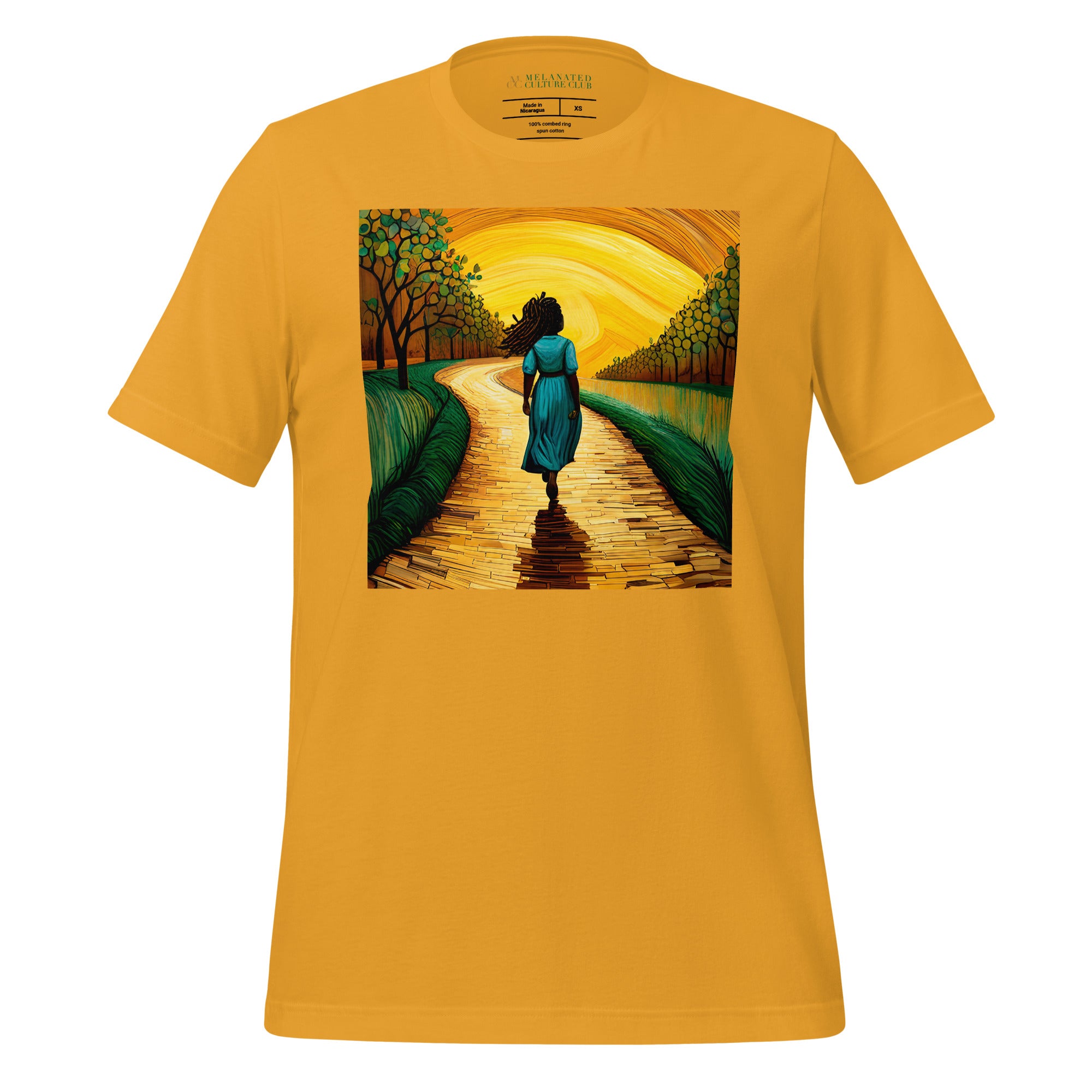 Follow the Yellow Brick Road Tee Afro Woman Tshirt in mustard.