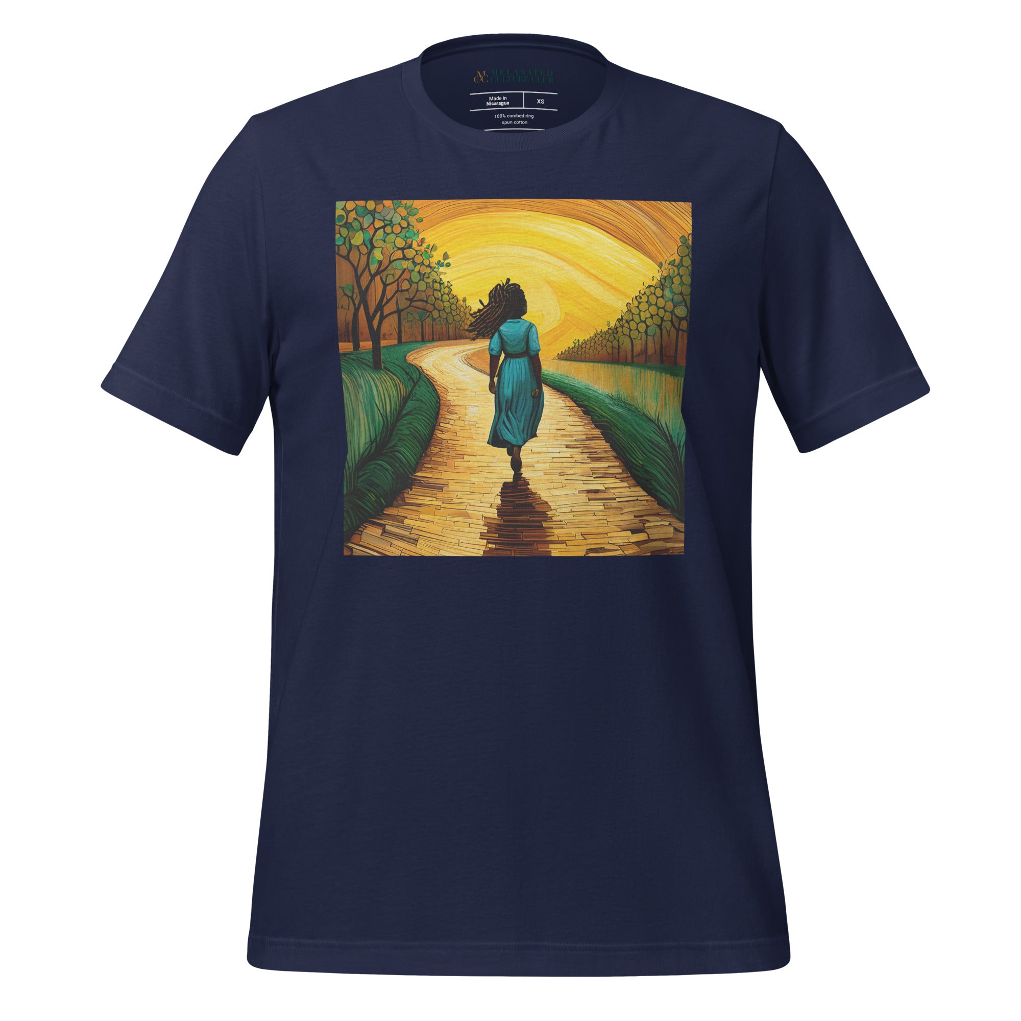 Follow the Yellow Brick Road Tee Afro Woman Tshirt in navy.