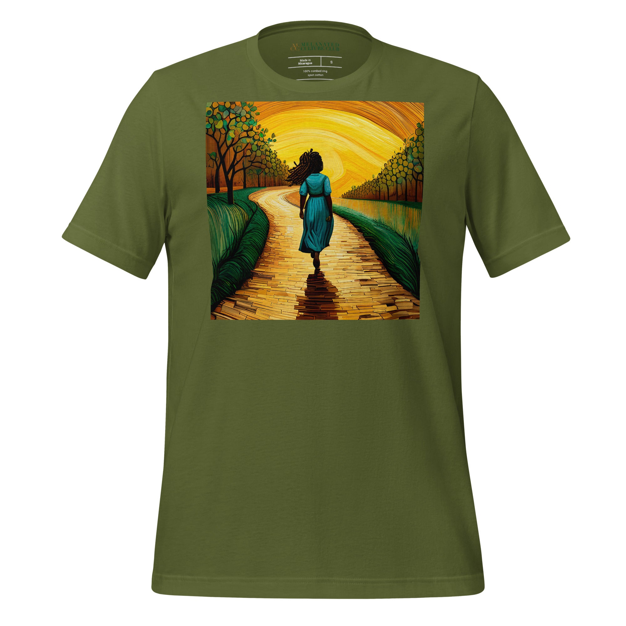 Follow the Yellow Brick Road Tee Afro Woman Tshirt in olive.
