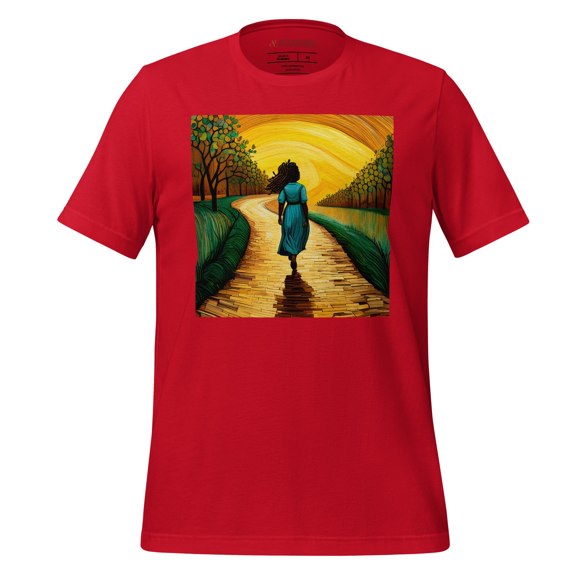 Follow the Yellow Brick Road Tee Afro Woman Tshirt in red.