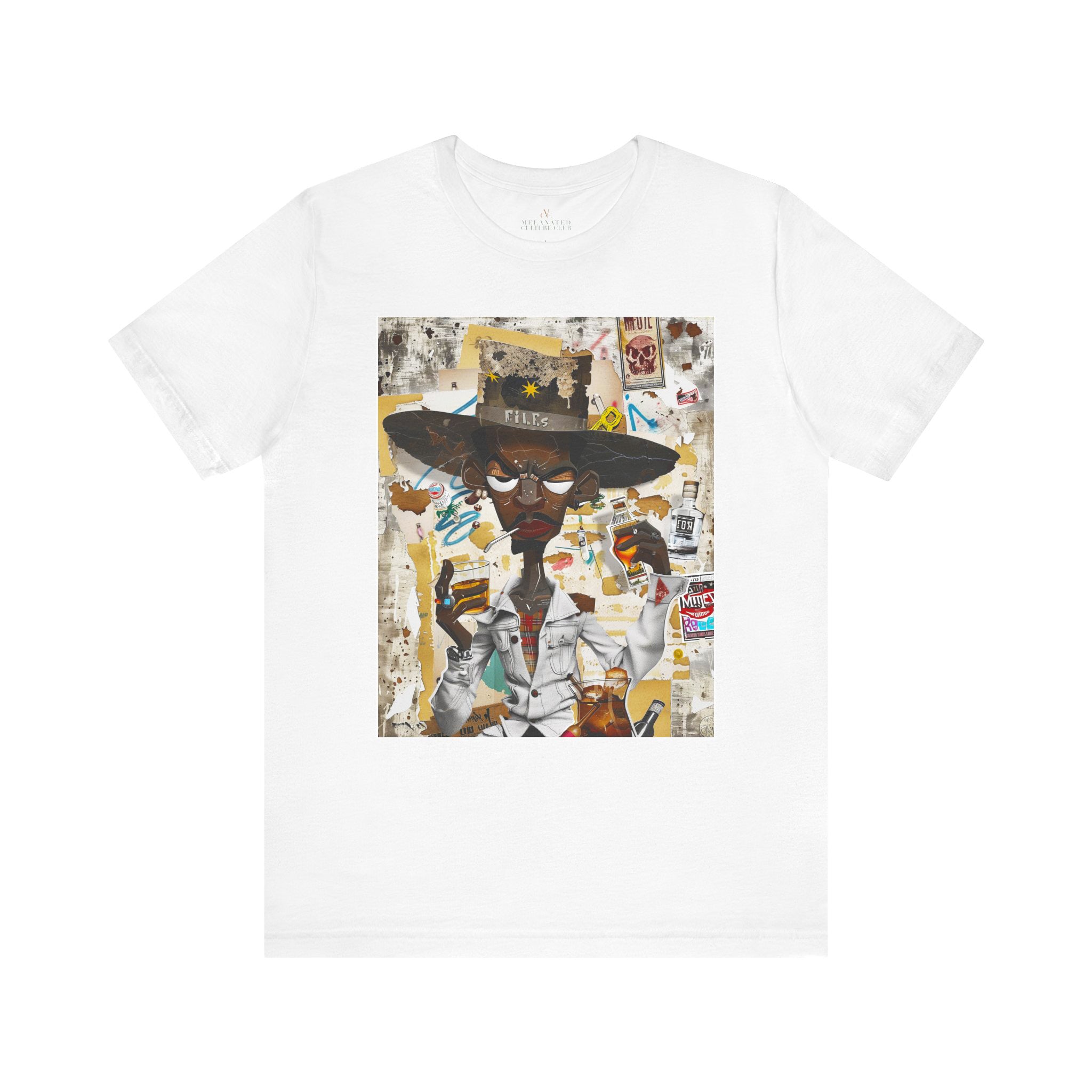 Cowboy Tee featuring a cartoon-style African American cowboy smoking a cigarette and drinking whiskey. A bold, graffiti collage pop art design with an edgy Western and Afrocentric cultural vibe.