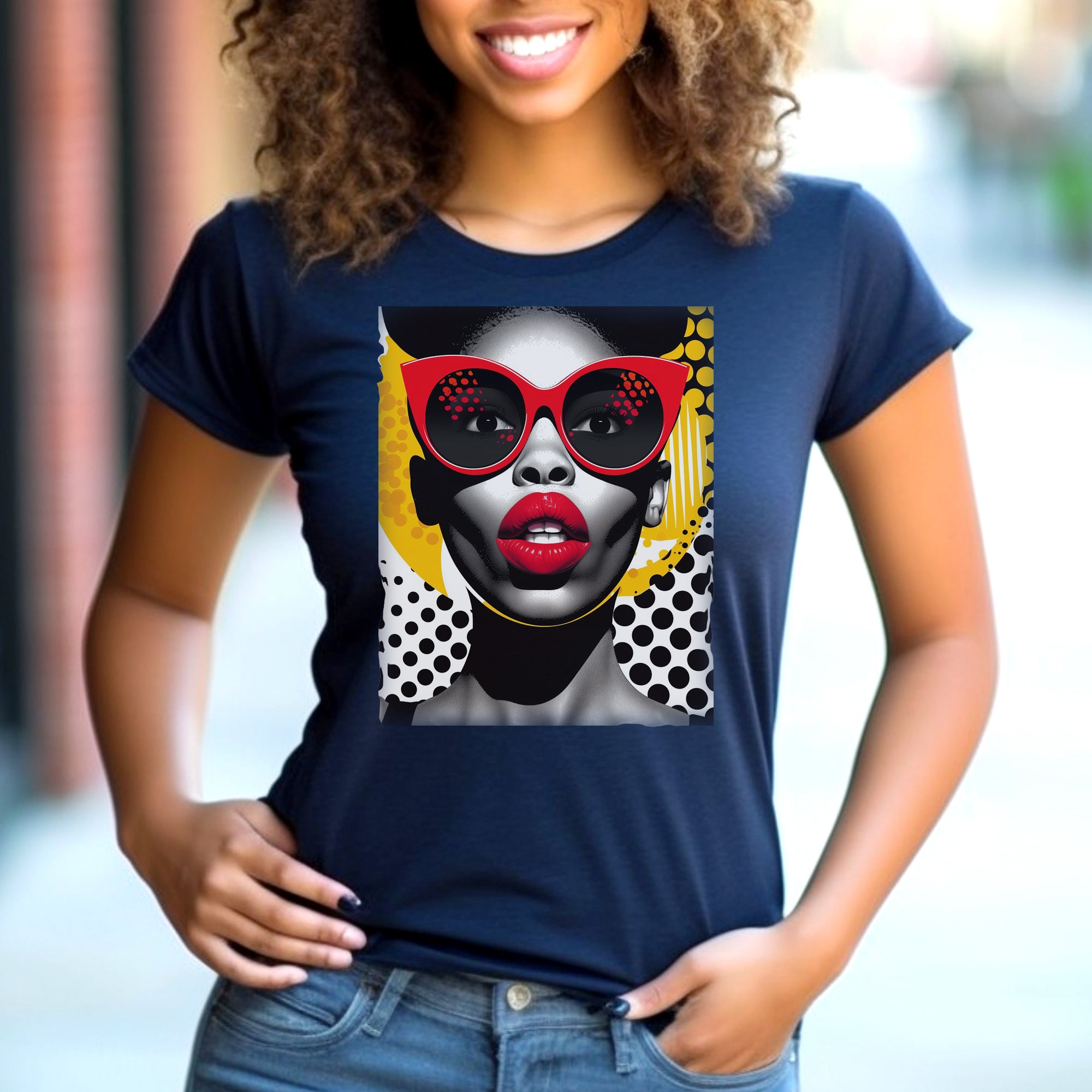 Black Woman Shock Pop Art Tee Shirt featuring an Afrocentric retro comic style illustration of a surprised Black woman. Bold psychedelic colors and vintage streetwear design celebrating African American fashion and expressive art.