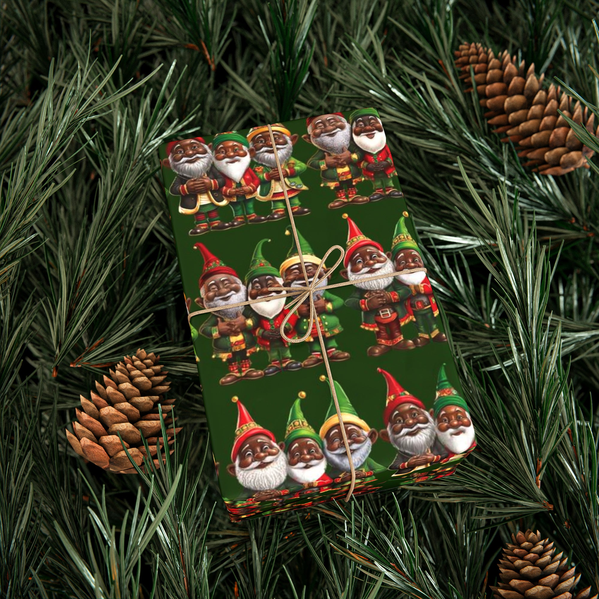 Black Santa Elves Christmas Wrapping Paper featuring African American gnomes and festive Afrocentric designs in red, green, and gold, perfect for holiday gifts and Christmas décor.