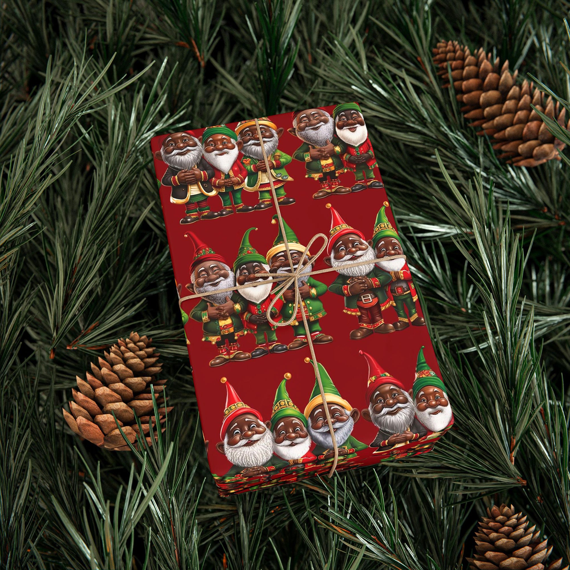 Black Santa Elves Christmas Wrapping Paper featuring African American gnomes and festive Afrocentric designs in red, green, and gold, perfect for holiday gifts and Christmas décor.