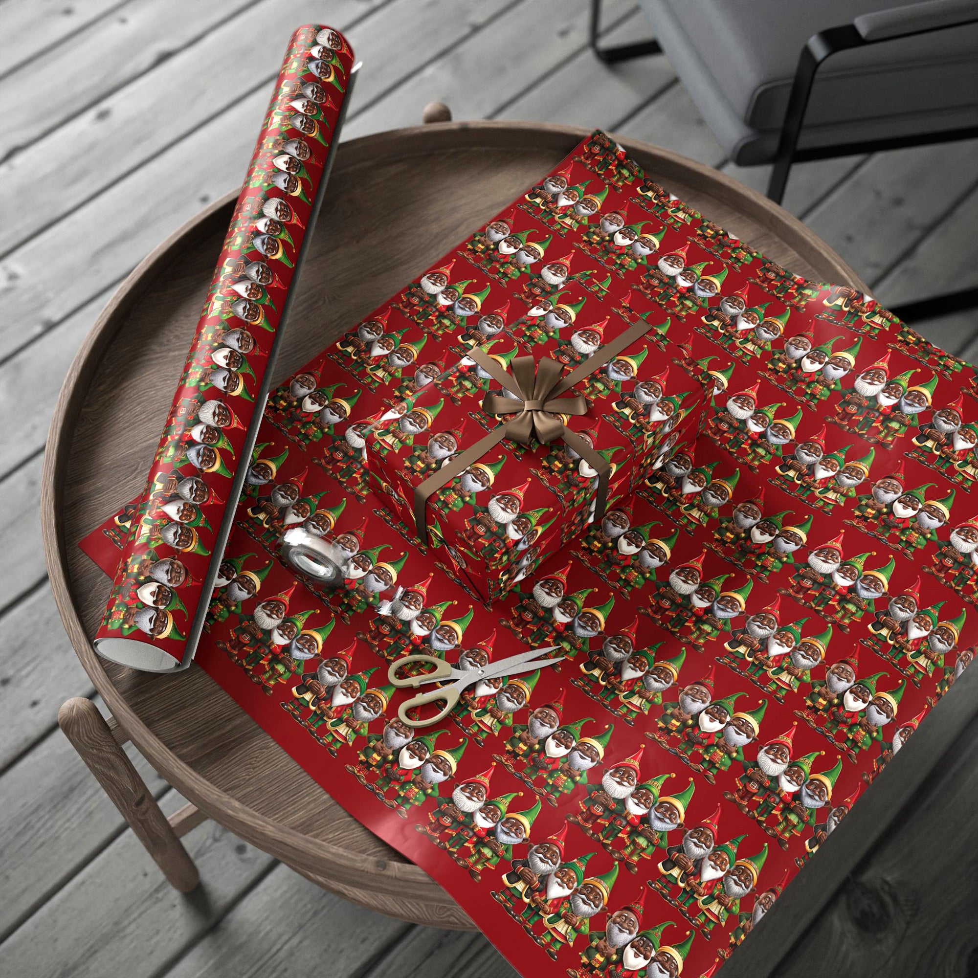 Black Santa Elves Christmas Wrapping Paper featuring African American gnomes and festive Afrocentric designs in red, green, and gold, perfect for holiday gifts and Christmas décor.