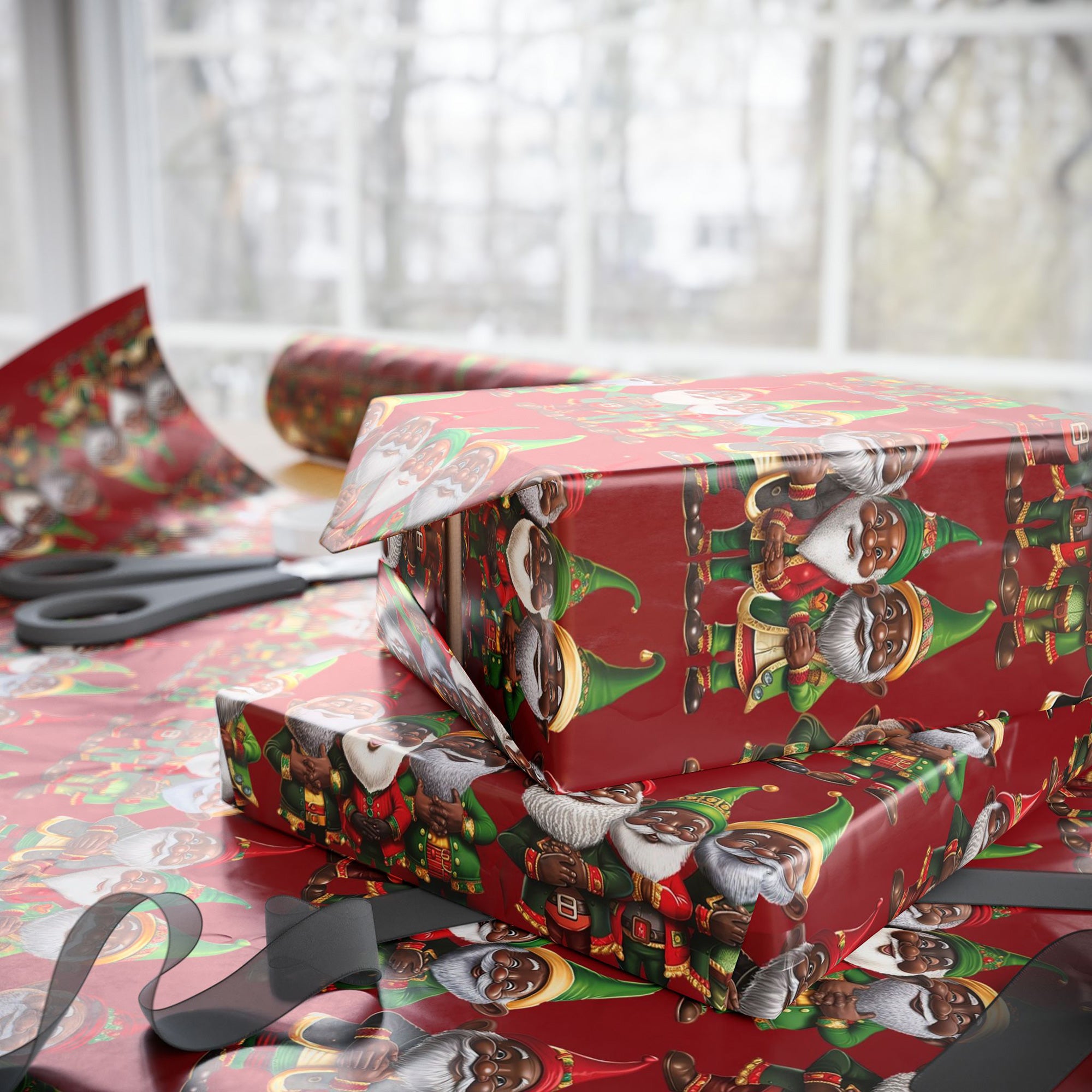 Black Santa Elves Christmas Wrapping Paper featuring African American gnomes and festive Afrocentric designs in red, green, and gold, perfect for holiday gifts and Christmas décor.