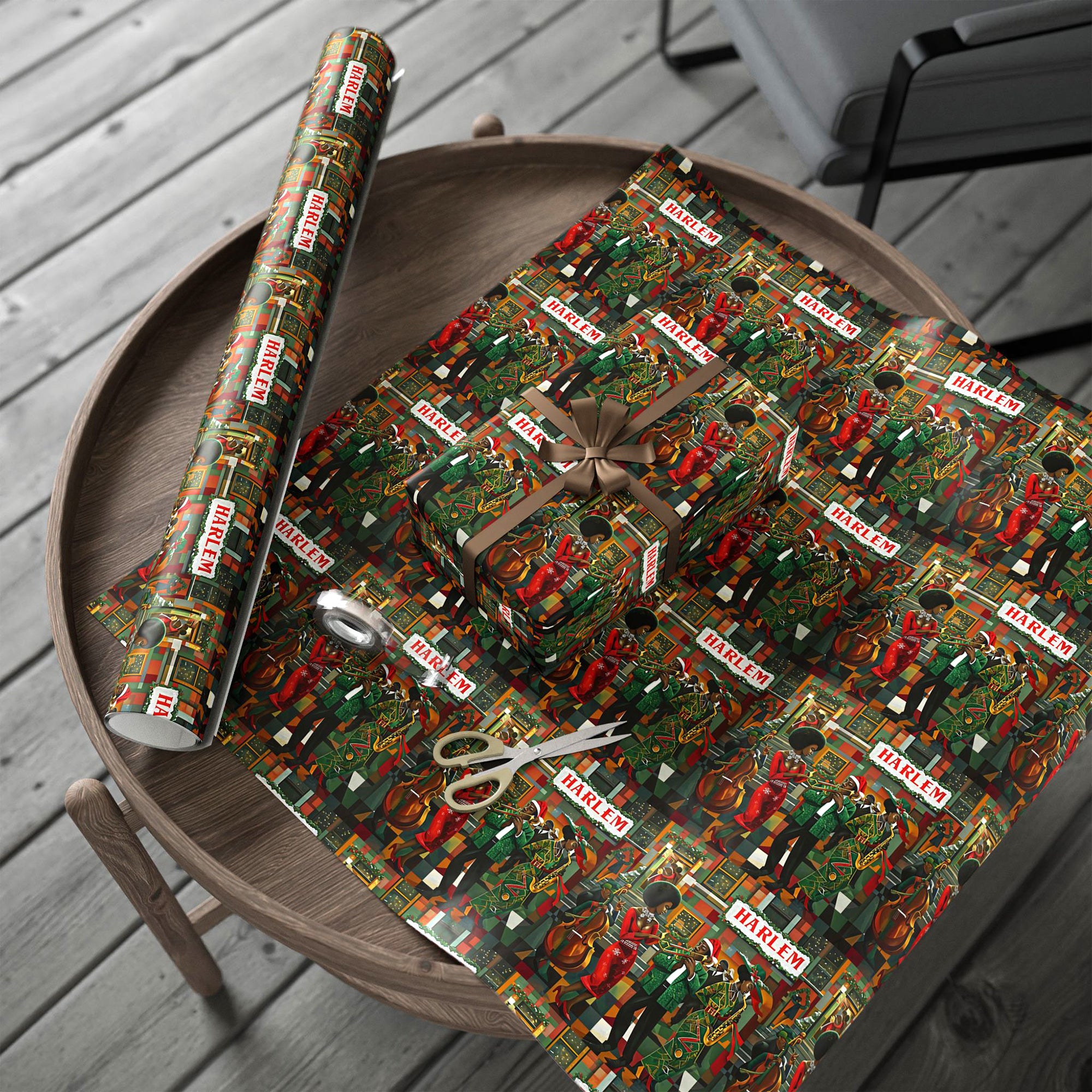 Afrocentric Christmas wrapping paper featuring Harlem jazz musicians in a retro Harlem Renaissance style, perfect for African American holiday gifts and cultural Christmas décor.