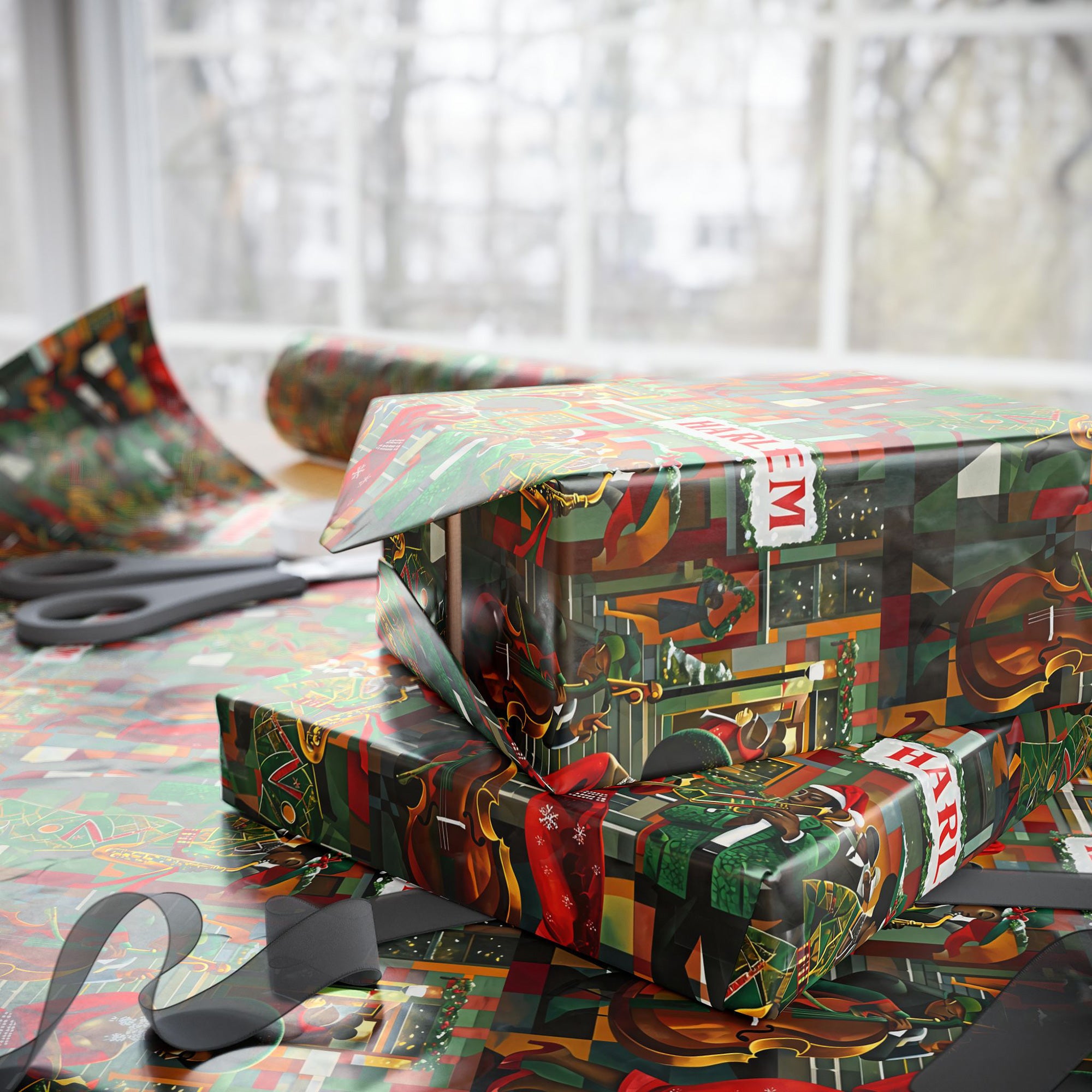 Afrocentric Christmas wrapping paper featuring Harlem jazz musicians in a retro Harlem Renaissance style, perfect for African American holiday gifts and cultural Christmas décor.