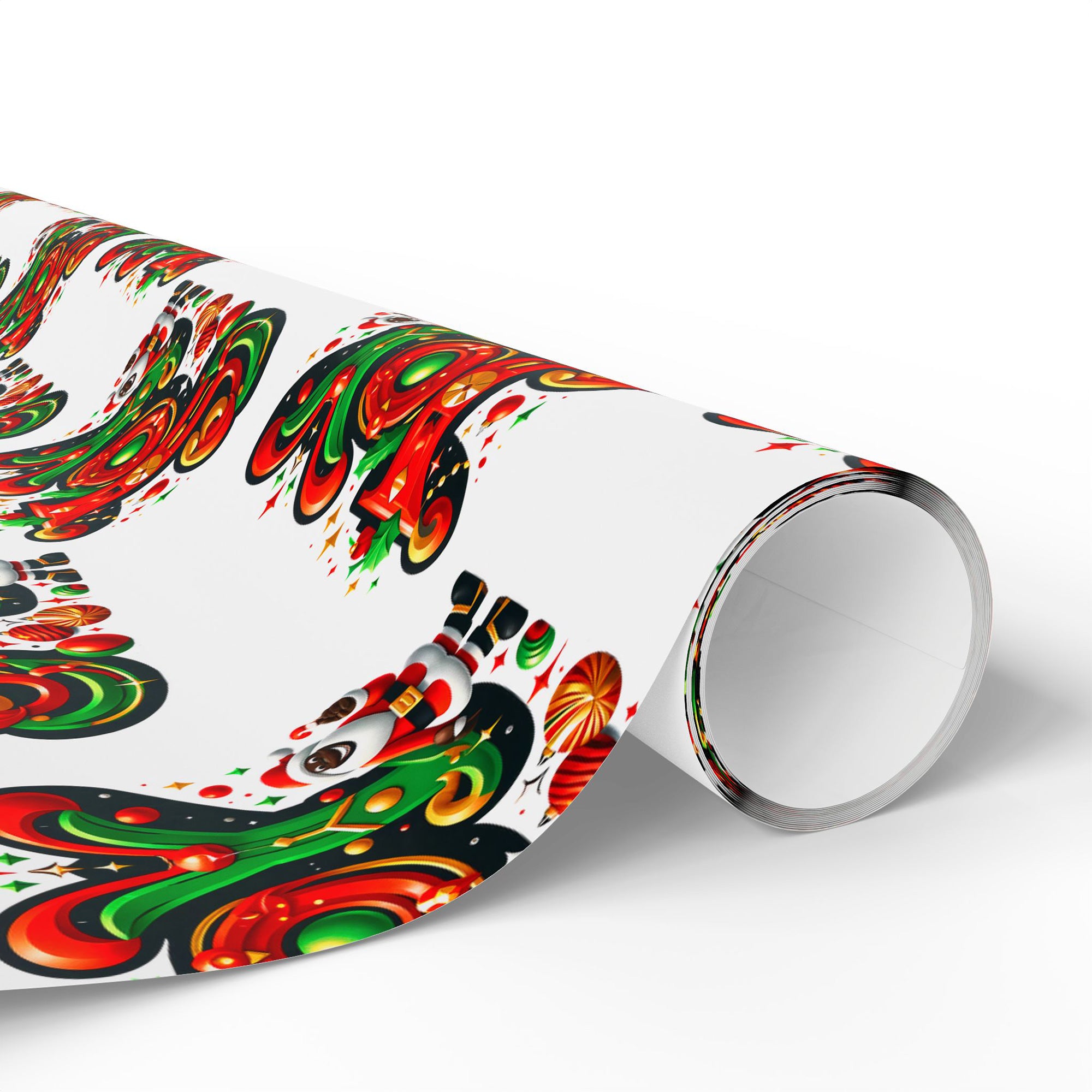 This festive gift wrapping paper features the word "Joy" in bold, cheerful lettering, beautifully accented with a happy African American Santa Claus.