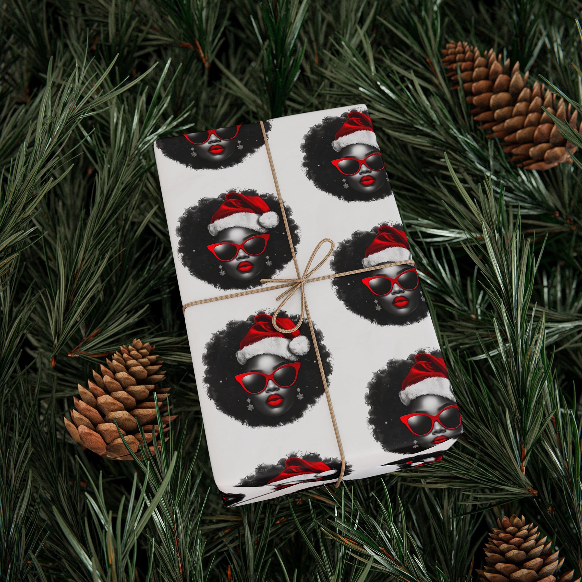 Sexy Black Mrs. Santa Claus Wrapping Paper featuring an African American woman with a red Santa cap over her natural afro and red cat-eye sunglasses, Afrocentric holiday gift wrap design.