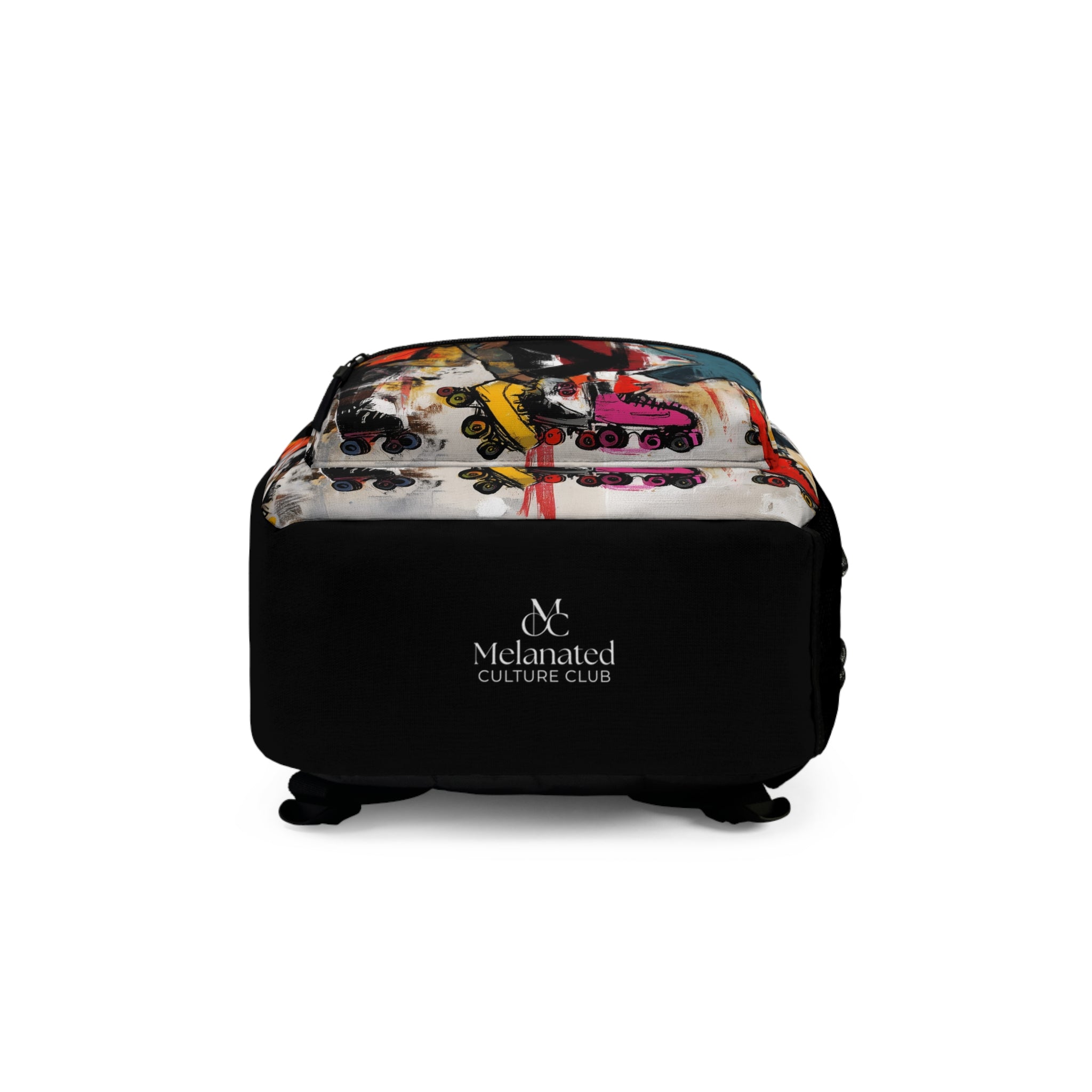 A Melanated Culture Club roller skaters' backpack with a black lower body and a colorful Black roller skates on the upper flap, shown against a plain white background.