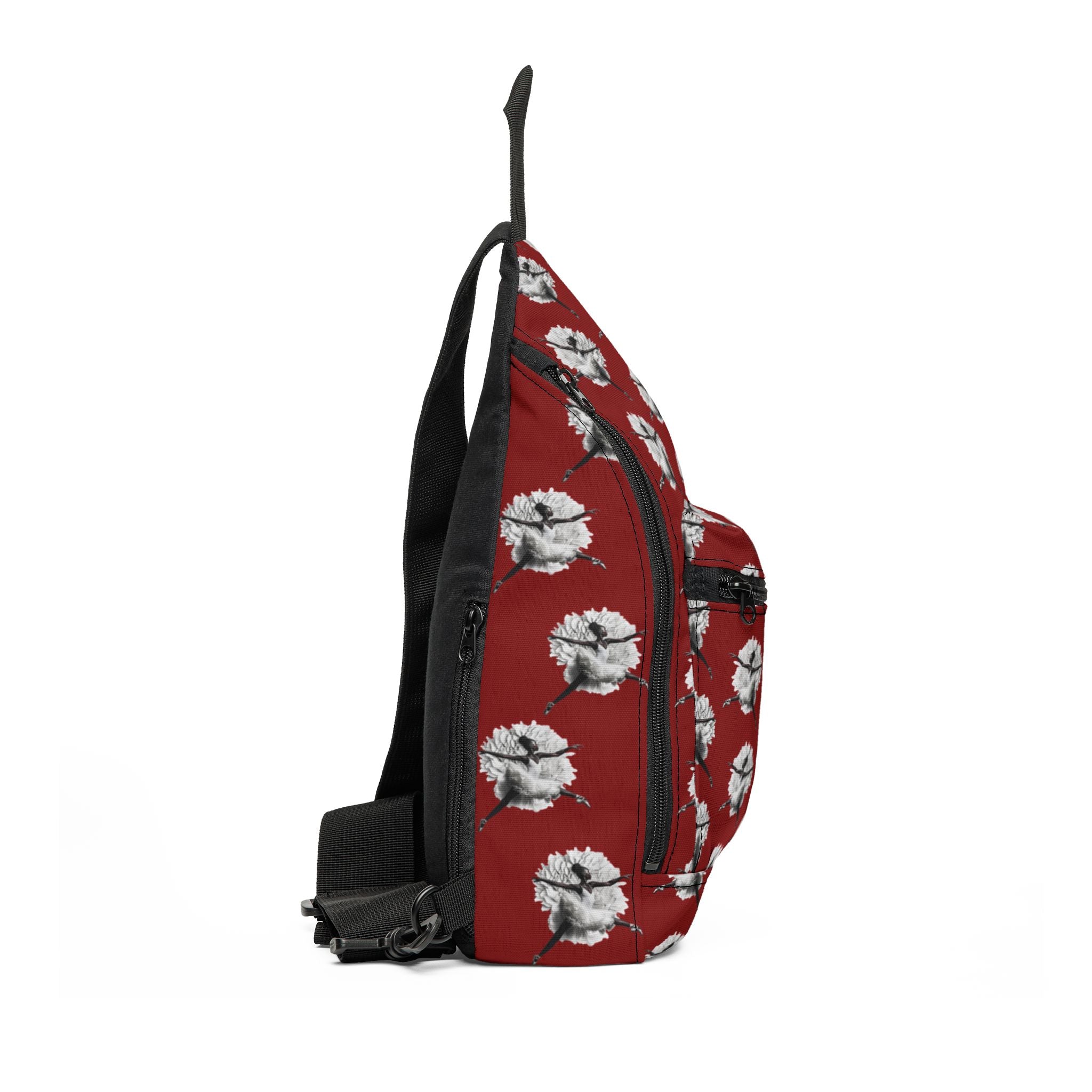 Crossbody sling bag featuring a graceful Black girl ballerina wearing a white tutu and ballet slippers in an elegant dance pose, celebrating ballet and African American representation.