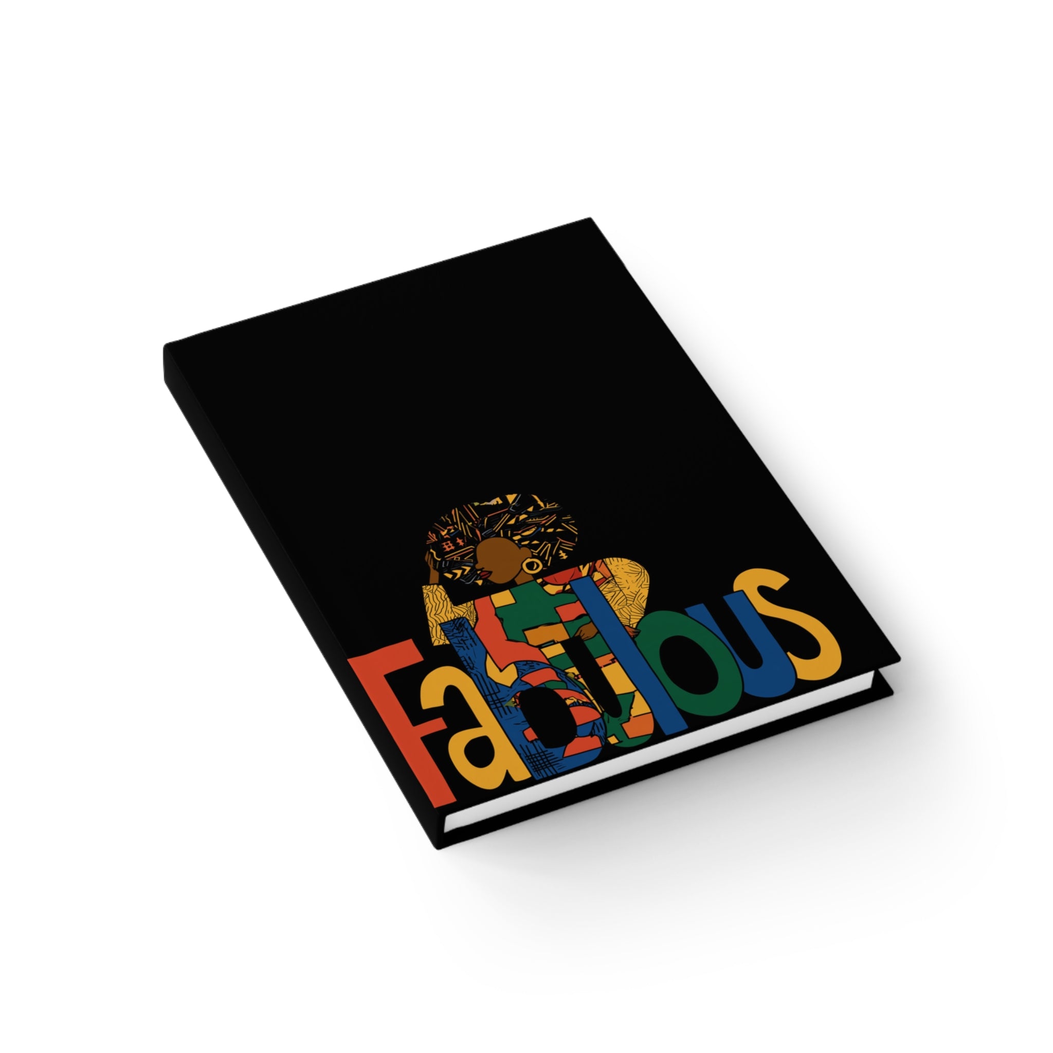 A black hardcover notebook or journal shown at an angle on a white background. The front cover features a colorful graphic with the word 'Fabulous' in large multicolored letters and a stylized figure above it.