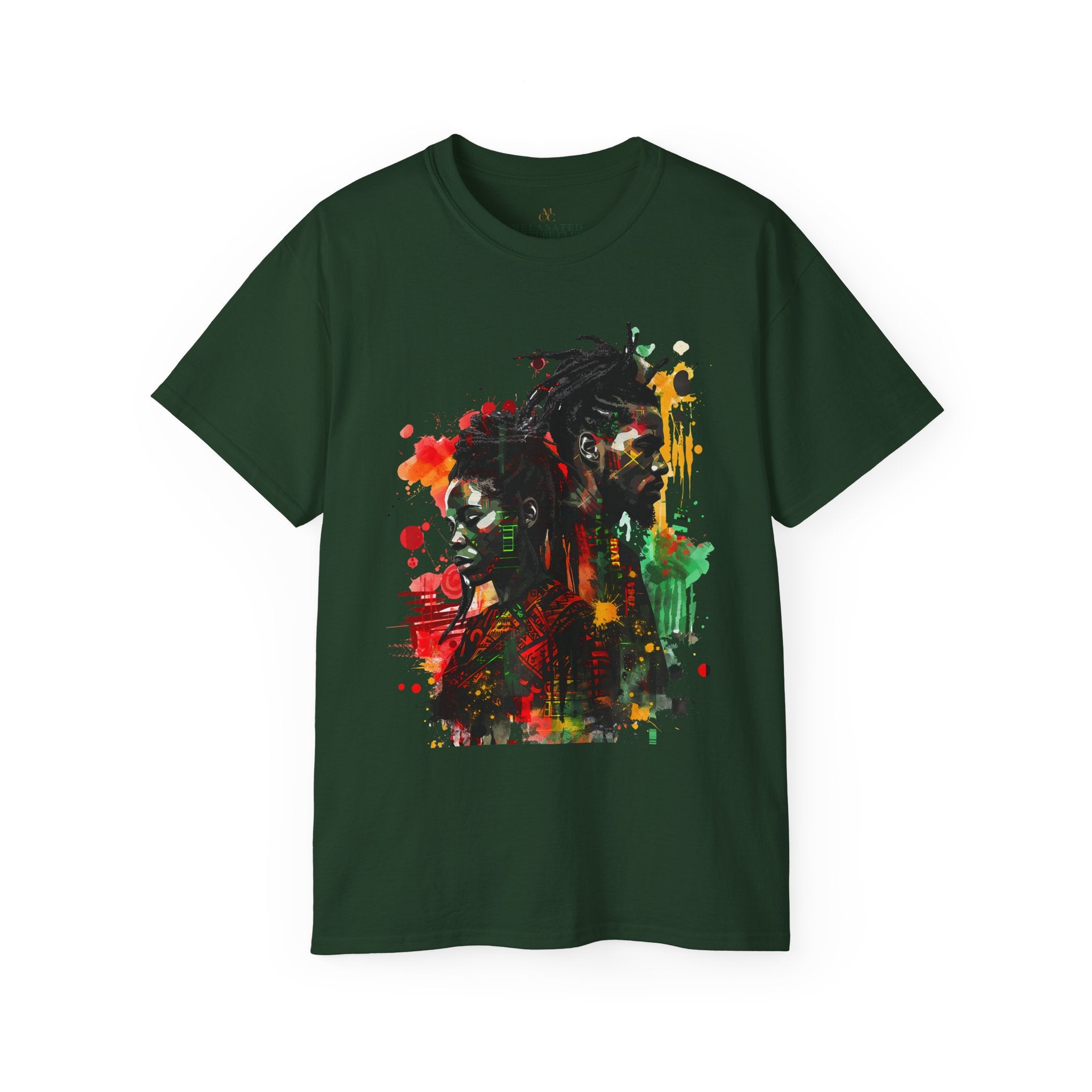 Abstract art tee shirt in forest green.