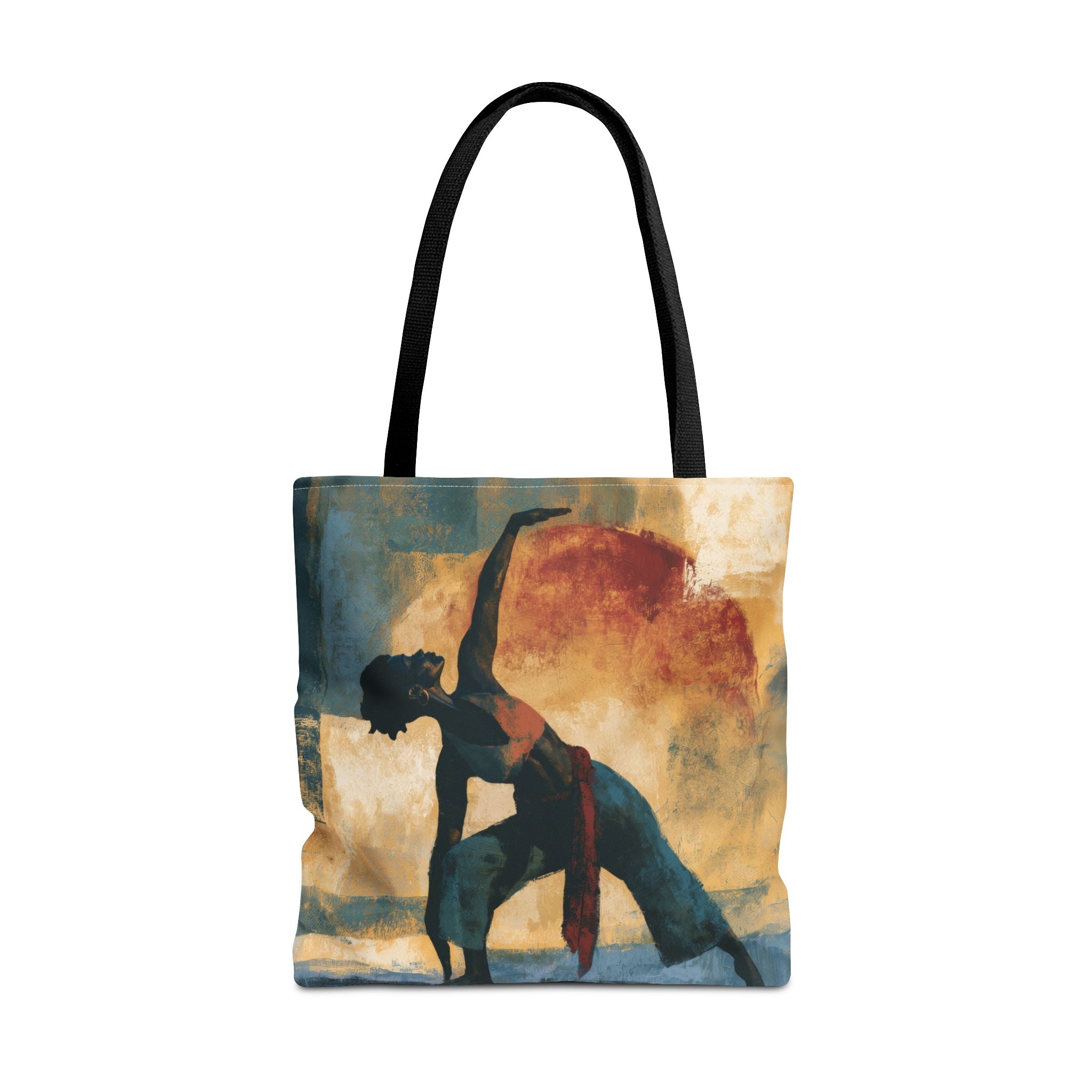 Black Woman Yoga tote bag featuring abstract textured Afrocentric artwork of an African American woman in a peaceful yoga pose, styled against a white background.