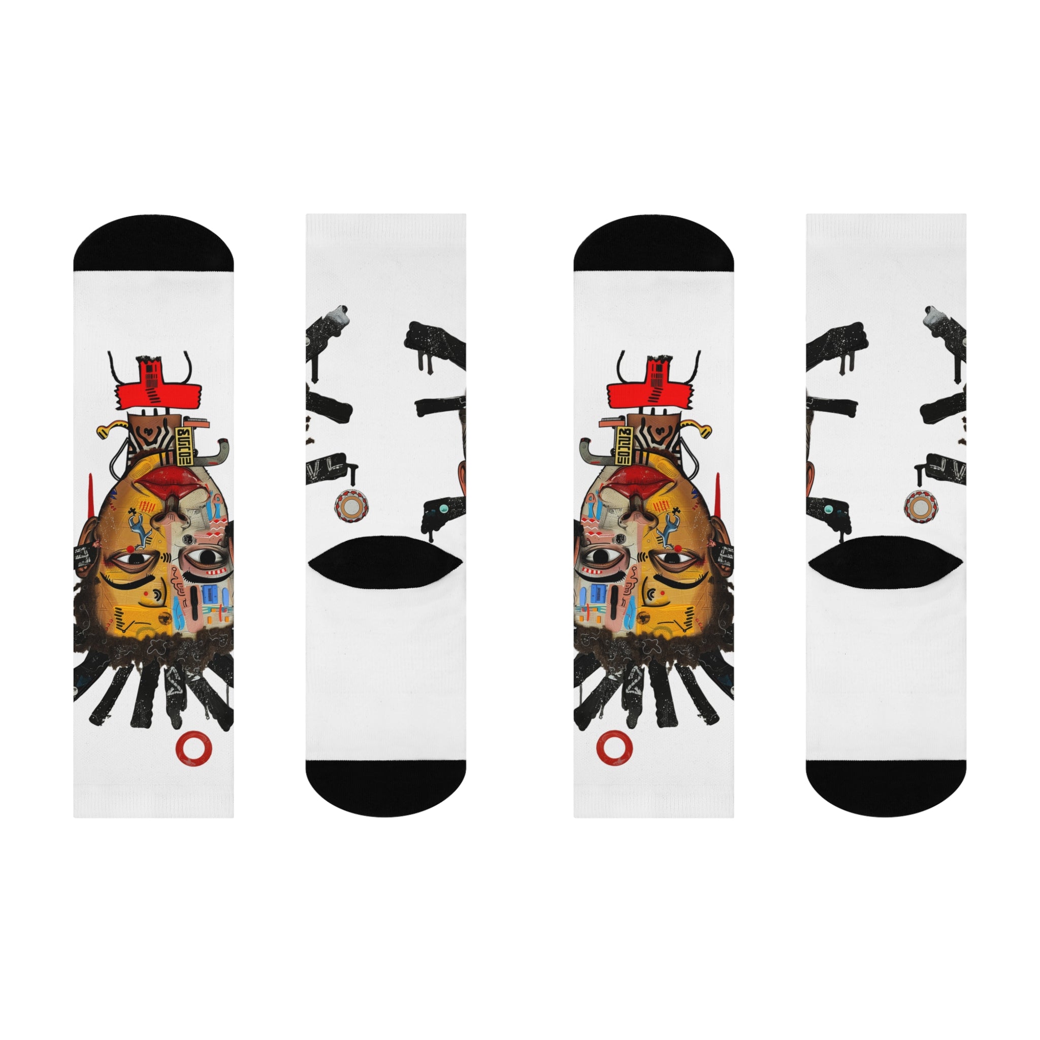 Abstract Afrocentric crew socks featuring a continuous calf wrap print of a Black man with a split human and robot face in an Afrofuturism art style, with black heel and toe panels. Series 02