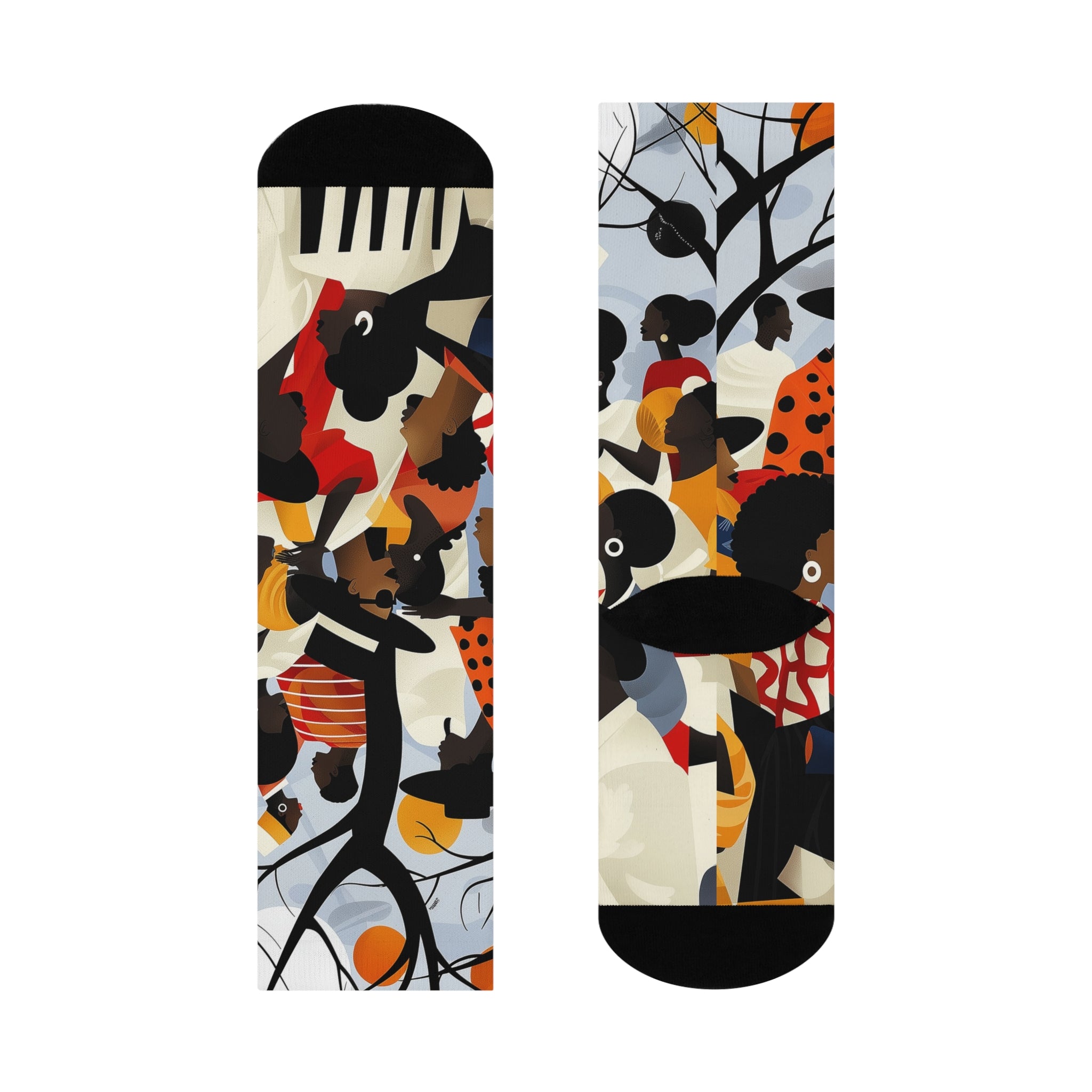 Juneteenth picnic crew socks featuring Afrocentric art of a joyful Picnic in the Park celebration, symbolizing Black culture, freedom, and community.