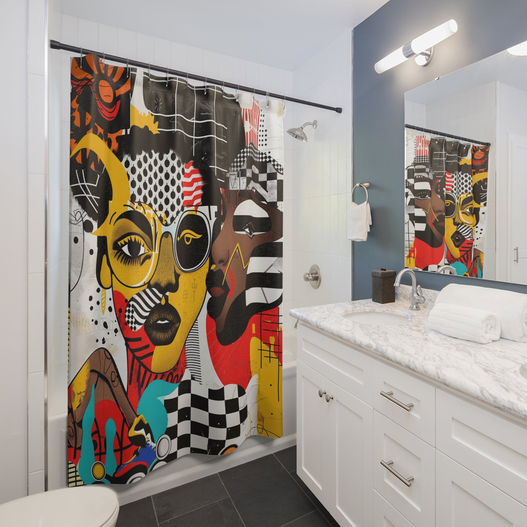 Soul Sisters abstract shower curtain featuring a modern pop art collage of two Black women celebrating sisterhood, Afrocentric style, and bold contemporary bathroom décor.
