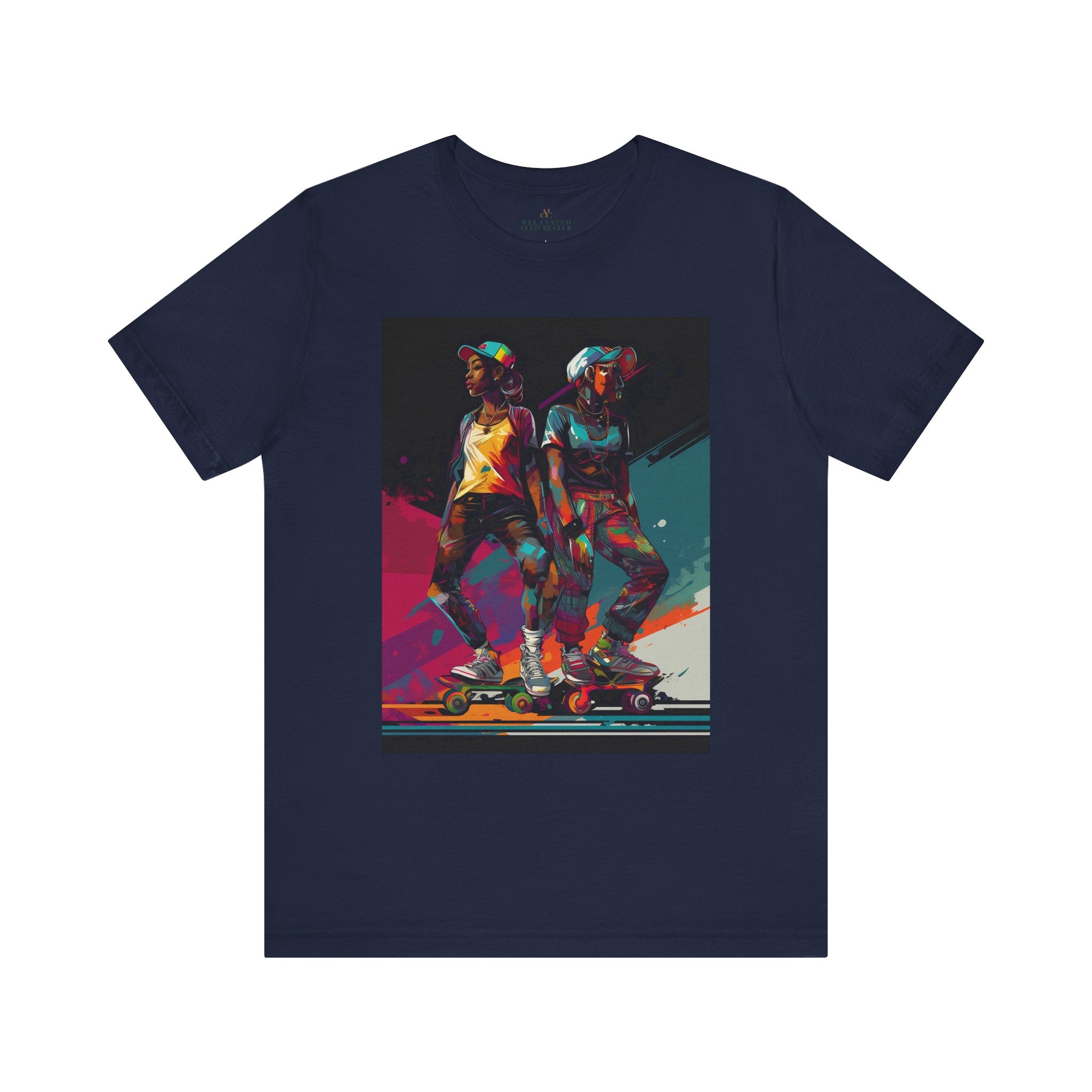 Black Girls Roller Skating Tee Afrocentric Skaters in navy.